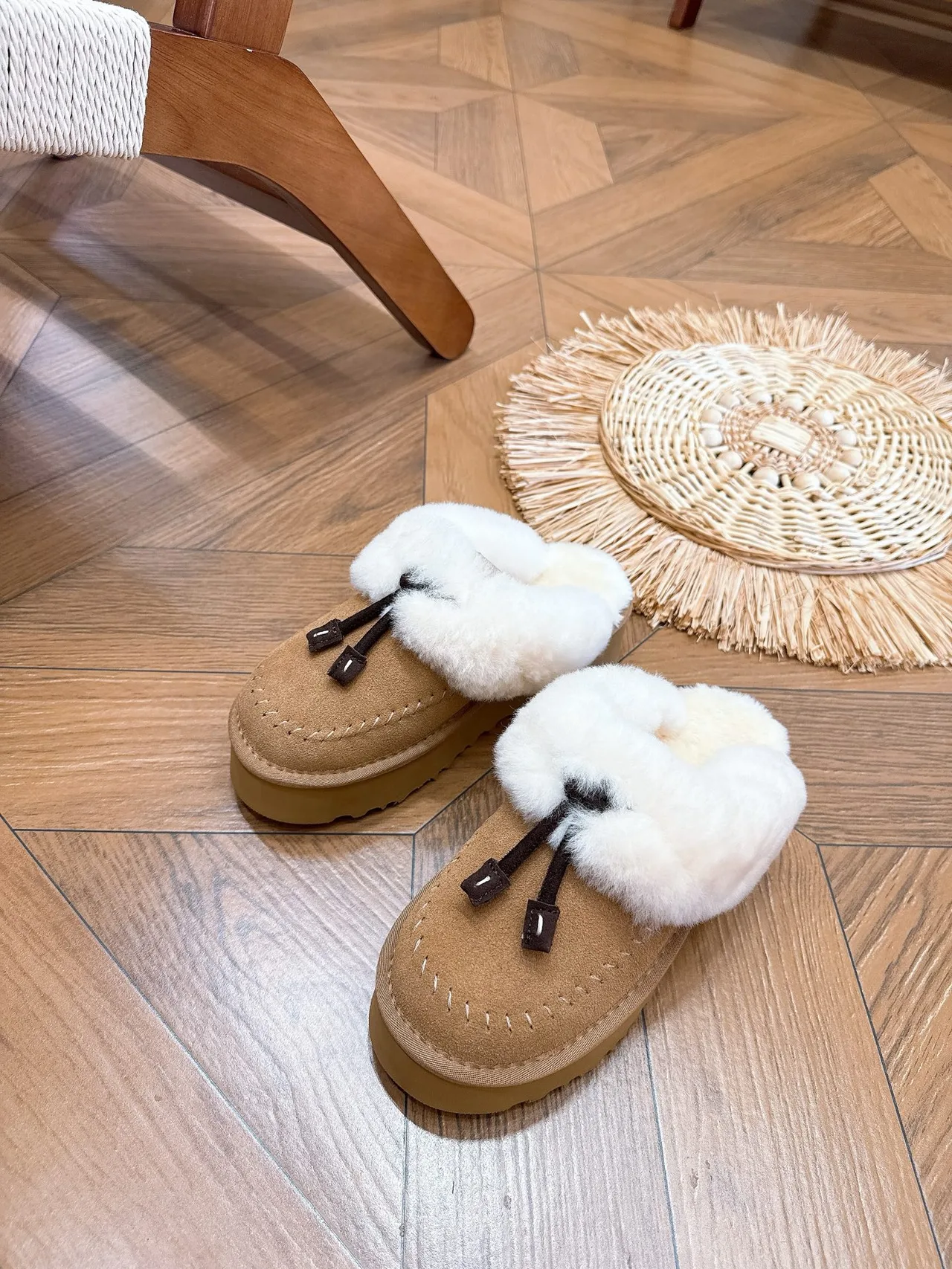 Suede-Look Plush-Cuff Platform Mules in Brown · view 3