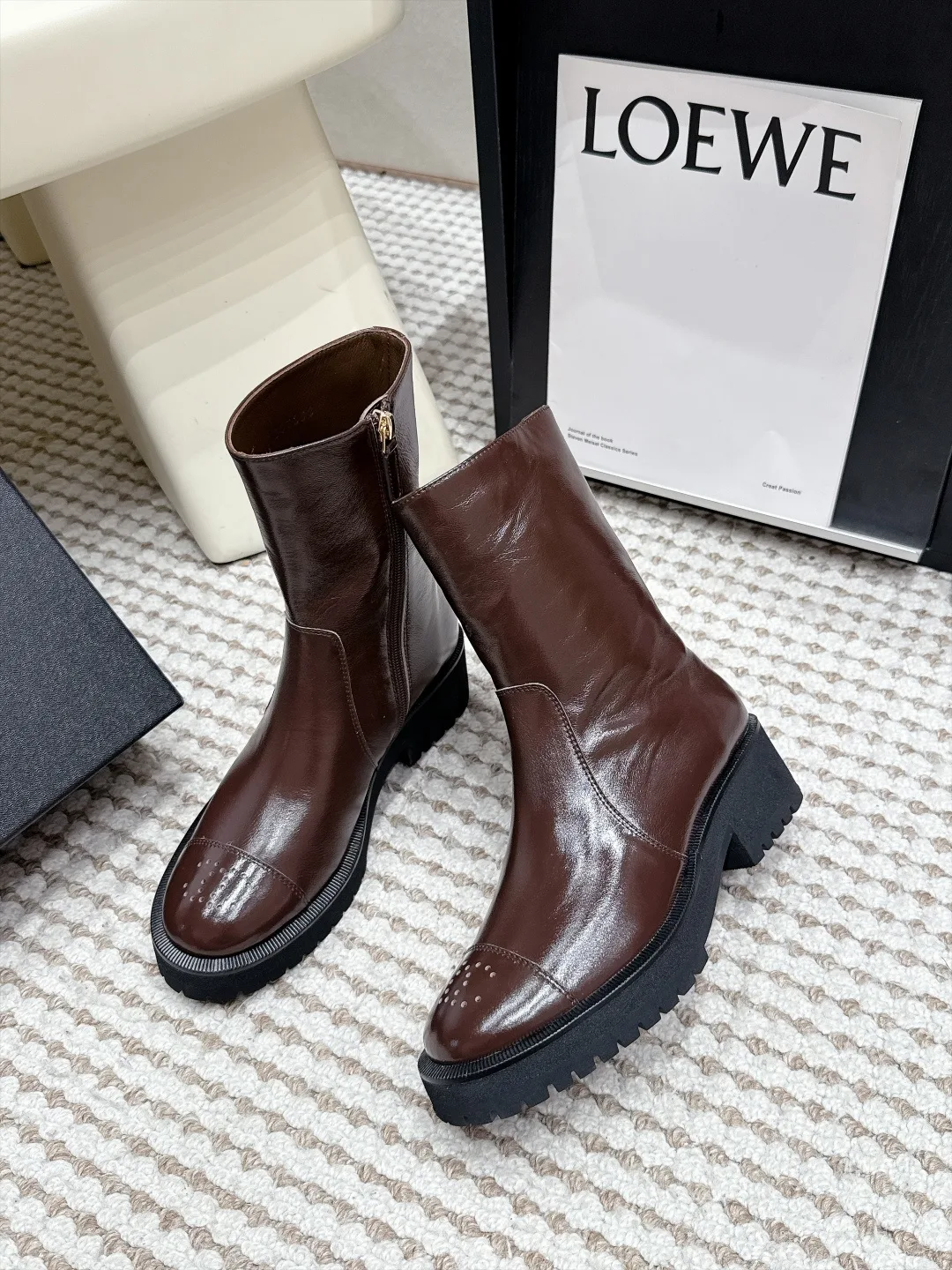 Loewe Cowhide Glossy Round-Toe Ankle Boots in Brown · view 5