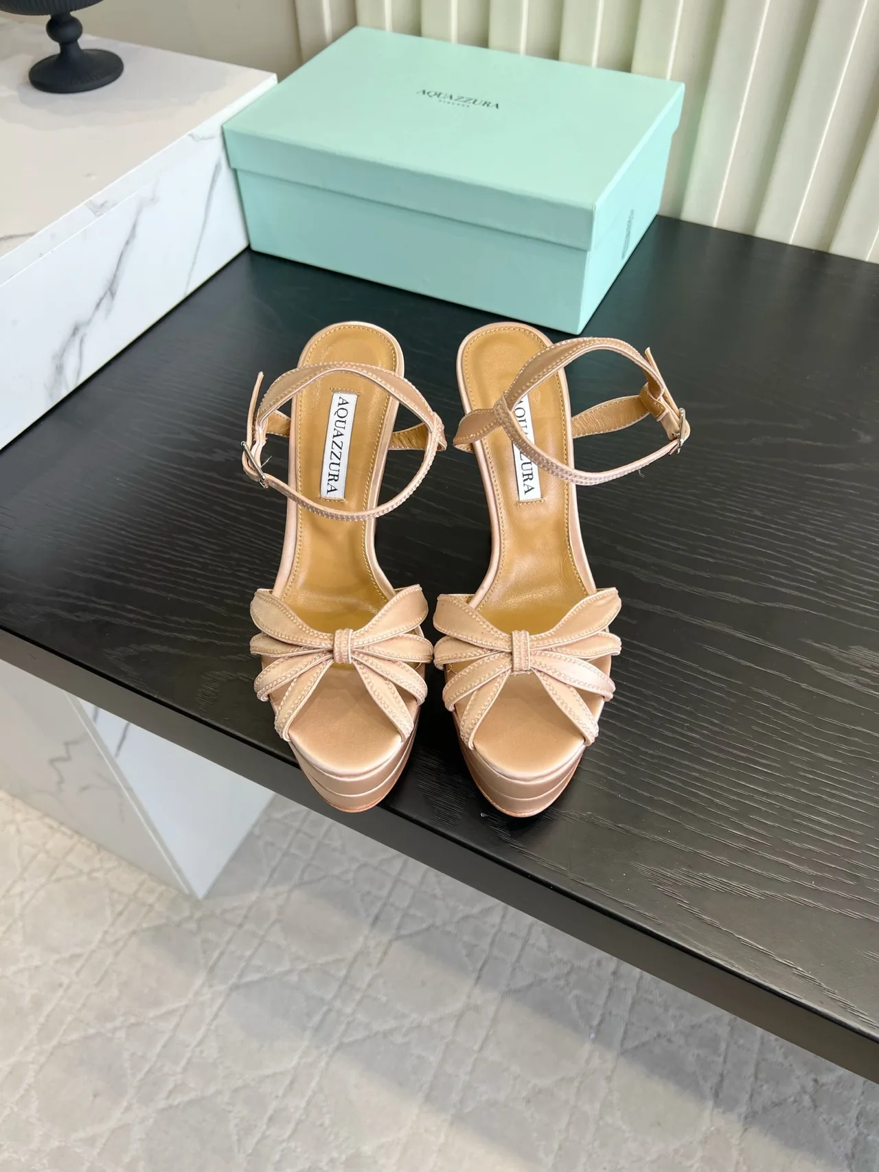 Aquazzura Silk Glossy Bow Sandals in Pink · view 1