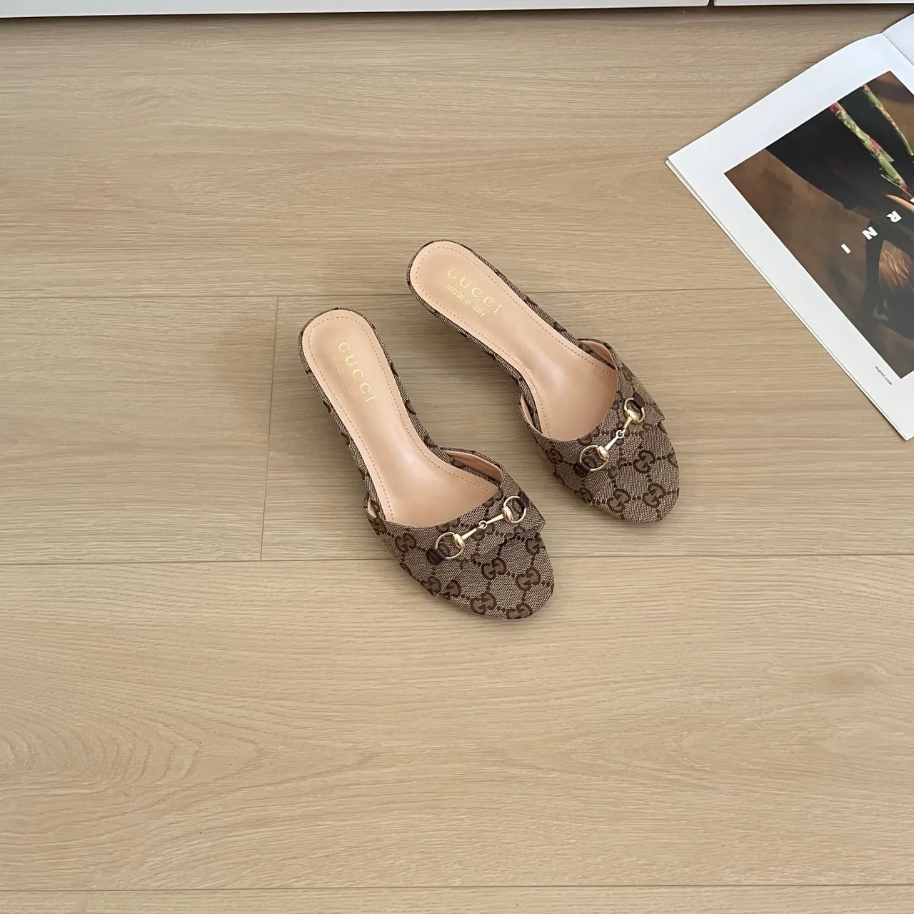 Gucci Canvas Square-Toe Buckle Mules in Brown · view 3