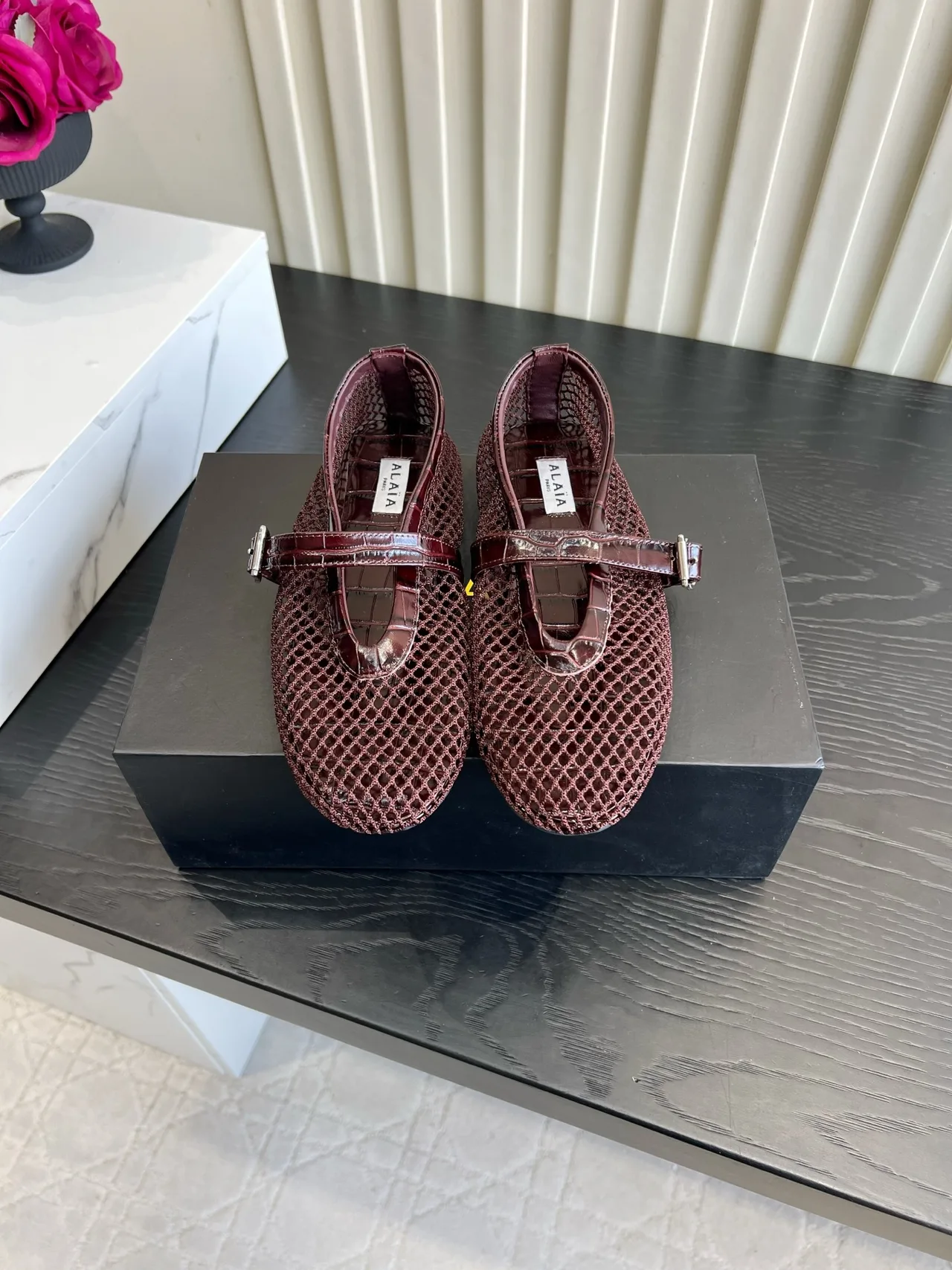 Alaia Sheepskin Mesh Mary Jane Flats in Burgundy · view 1
