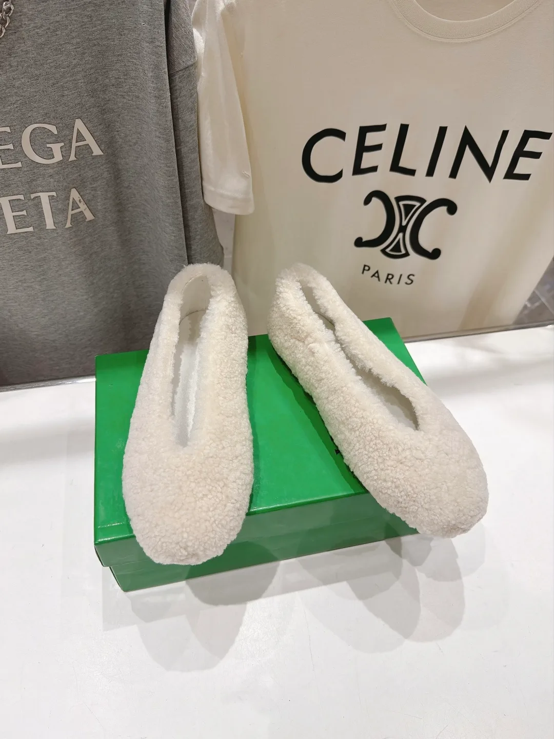 Celine Round-Toe Fleece Ballet Flats in Cream · view 2