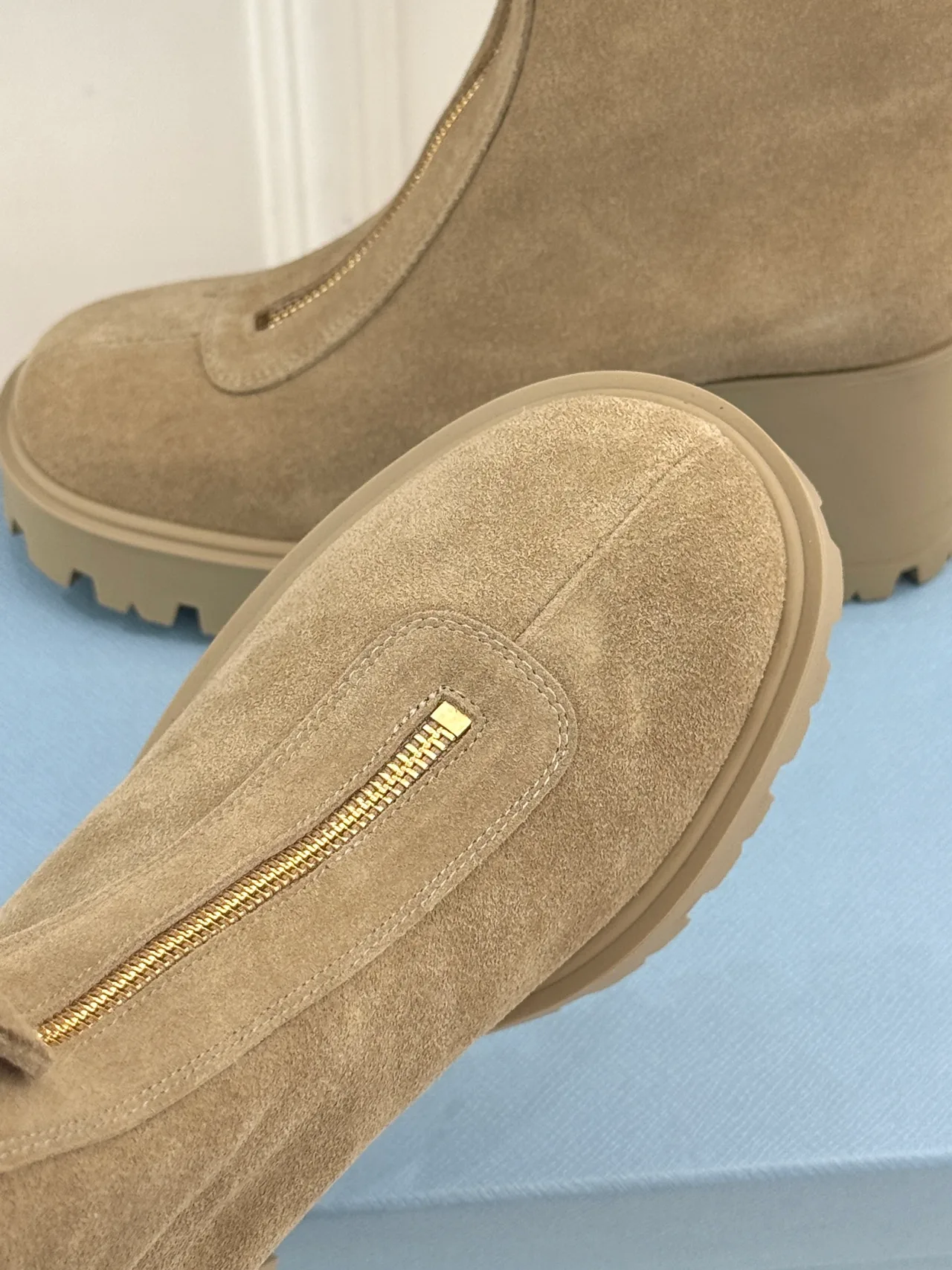 Prada Denim Suede-Look Ankle Boots in Beige · view 7