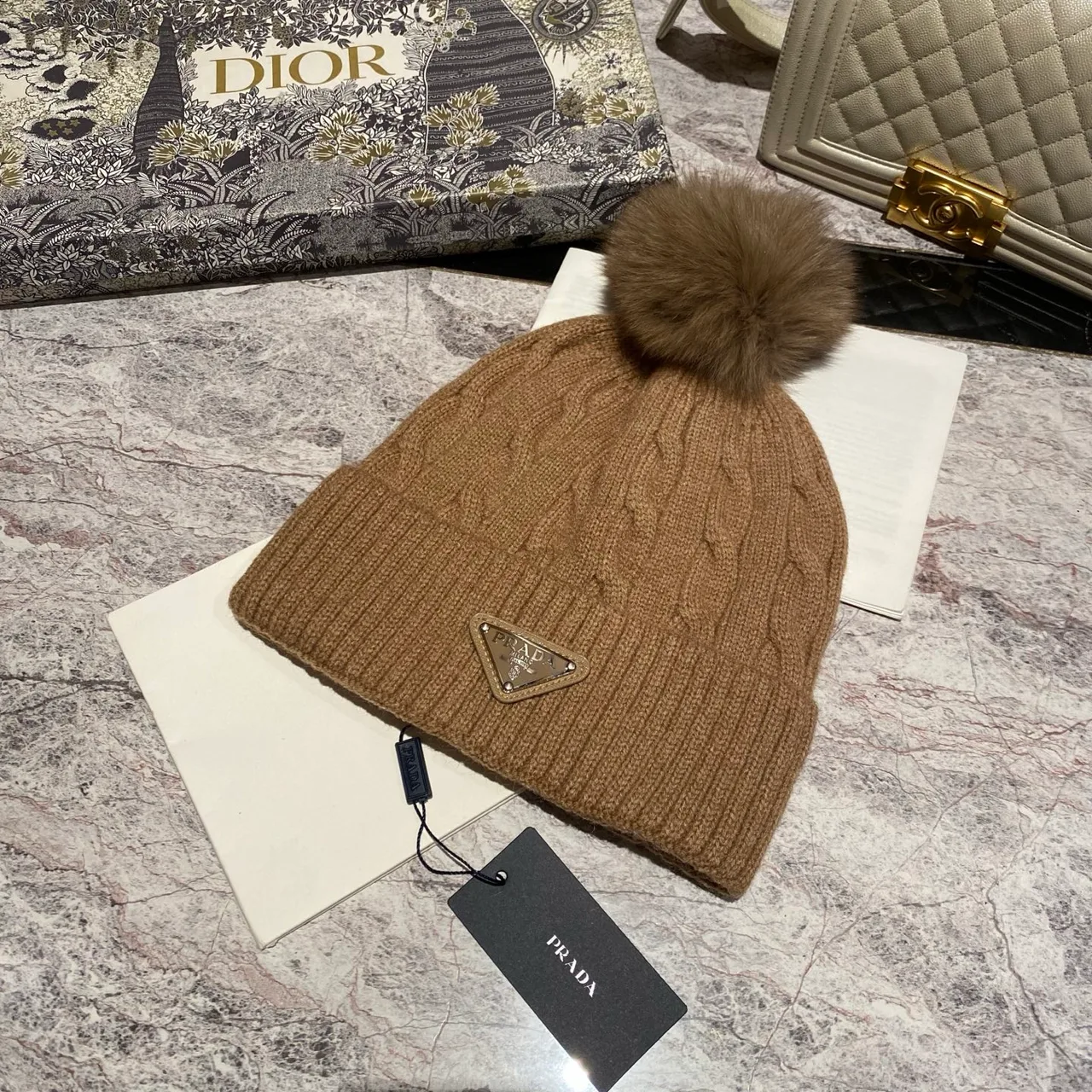 Prada Cable knit pom beanie in Black & White & Grey & Brown & Cream & Blue & Burgundy & Pink · view 4
