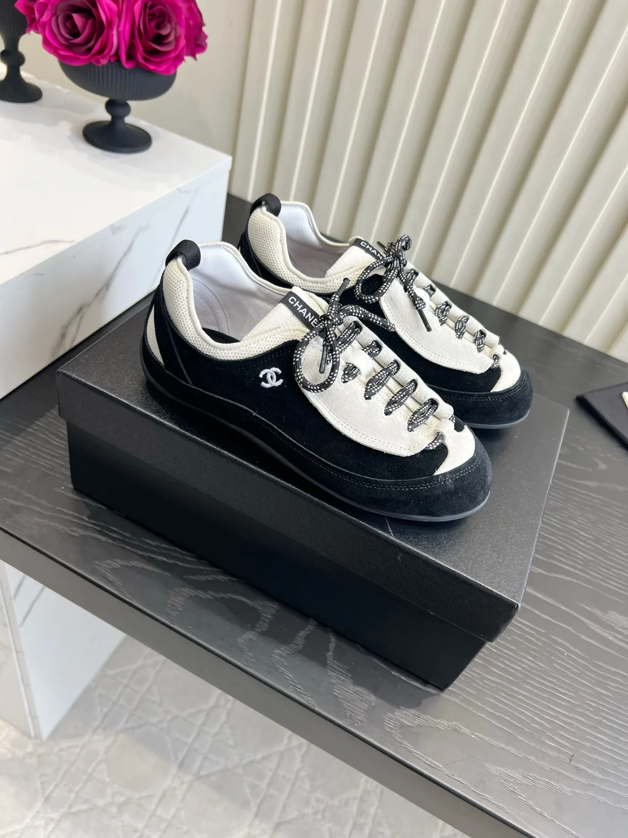 Chanel Cowhide Suede-Look Sneakers in Black · view 3