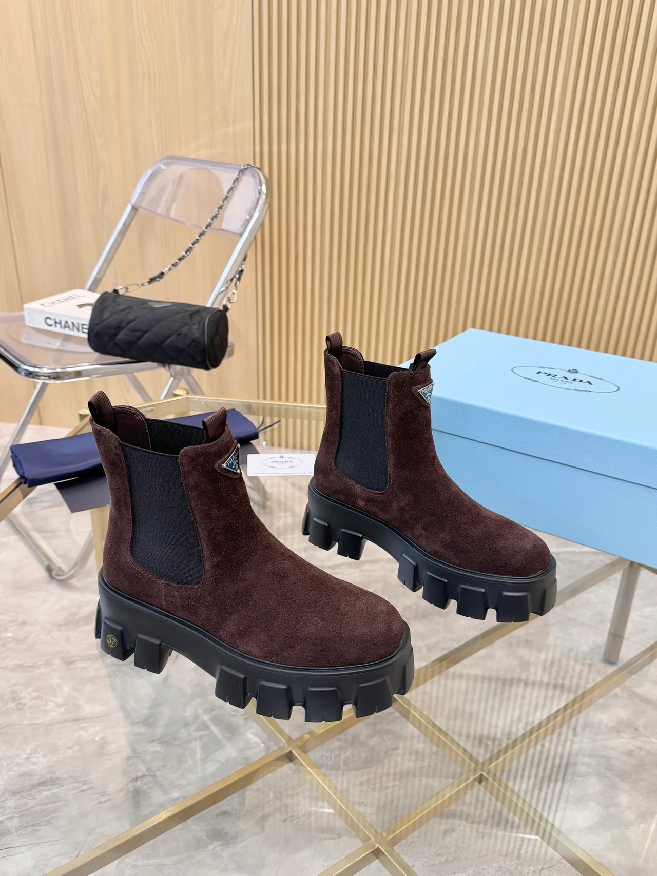Prada Suede-Look Chelsea Boots in Brown · view 2