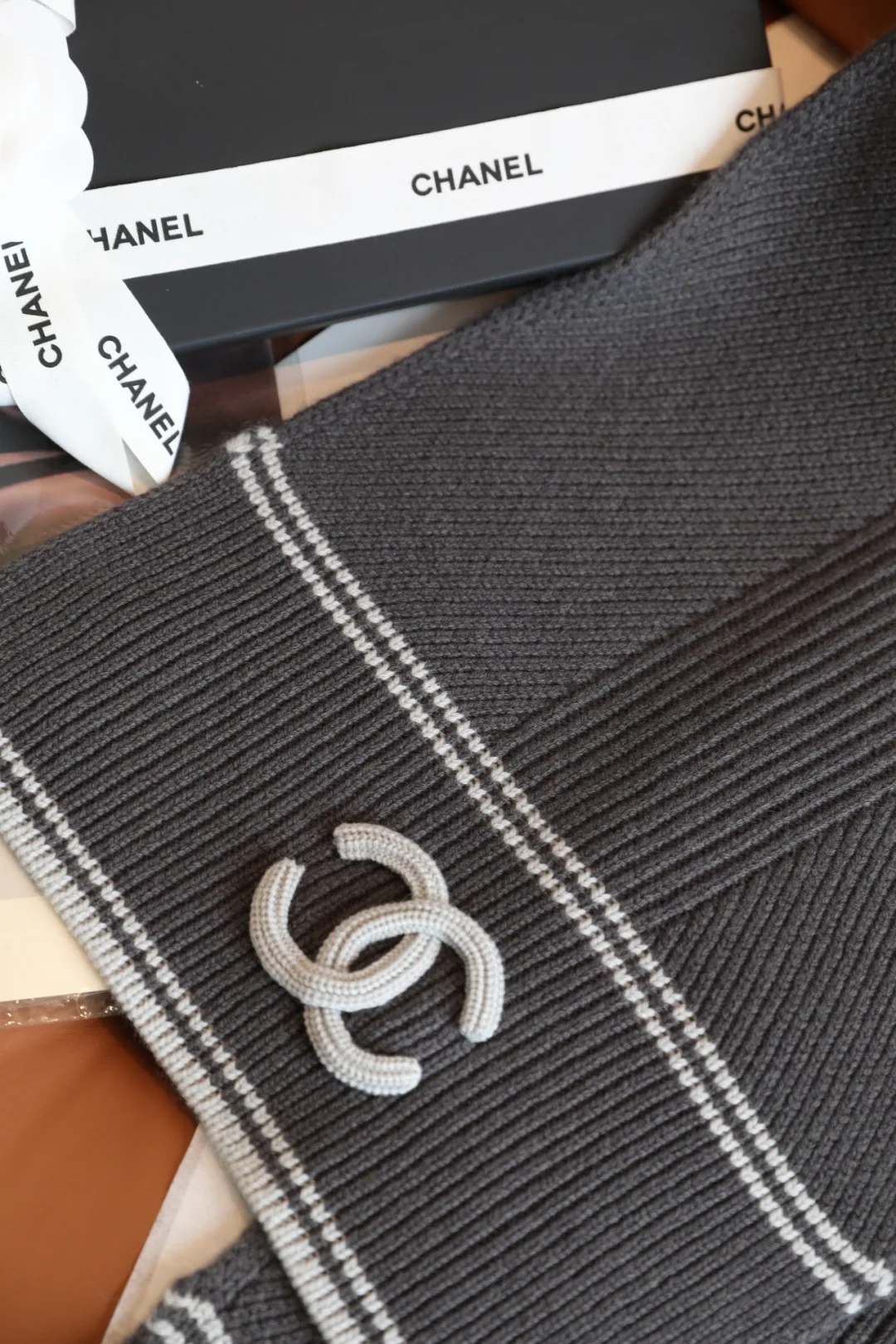 Chanel Wool Cashmere Striped Scarf in Grey · view 9