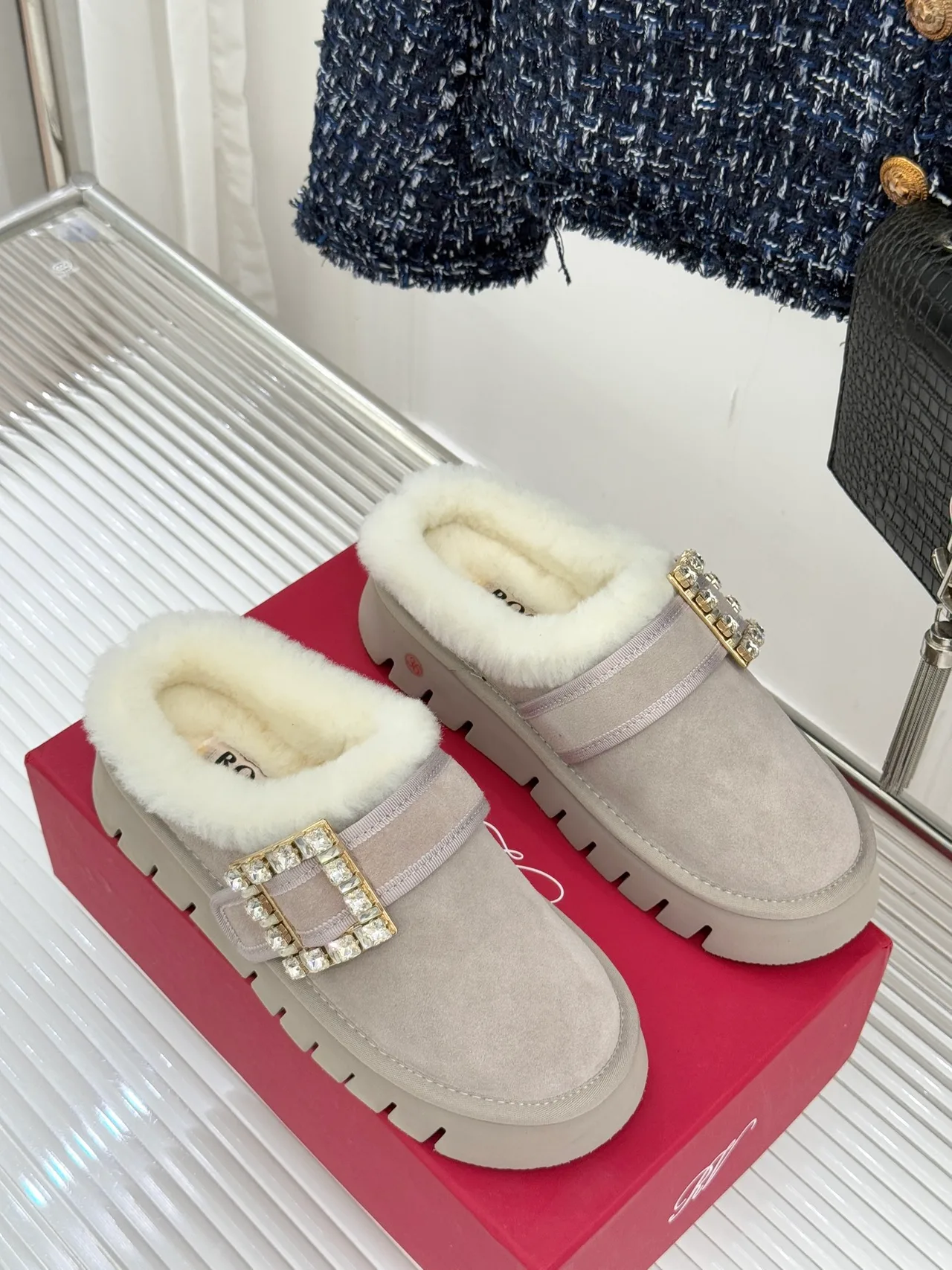 Roger Vivier Wool Buckle Fur-Lined Mules in Grey · view 4