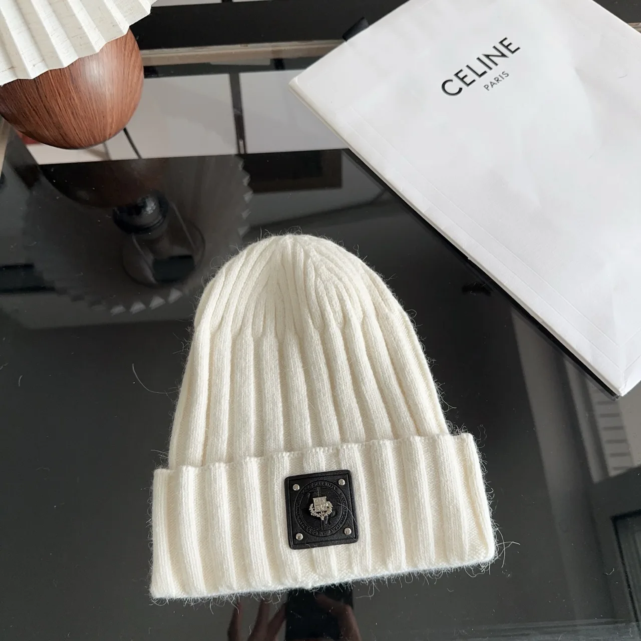 Celine Ribbed Beanie in Cream · view 4