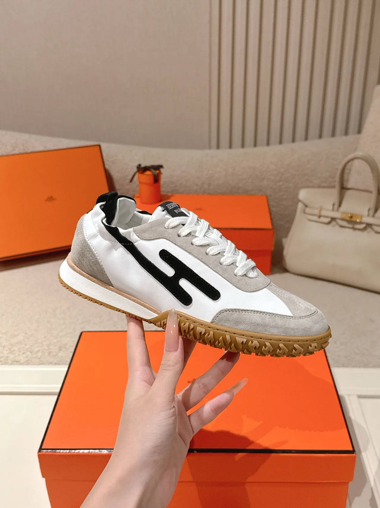 Hermes Sheepskin Suede Striped Round-Toe Sneakers in White · view 6