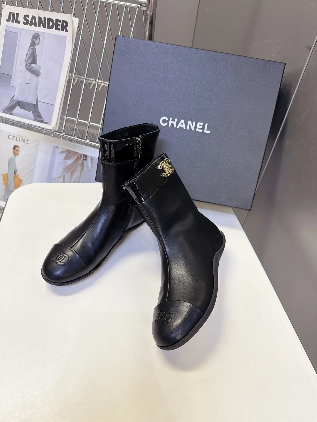 Chanel Calfskin Glossy Pointed-Toe Ankle Boots in Black · view 4