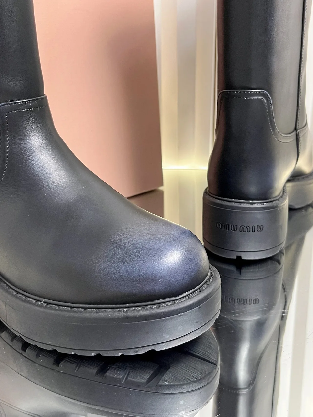 Miu Miu Calfskin Glossy Boots in Black · view 7