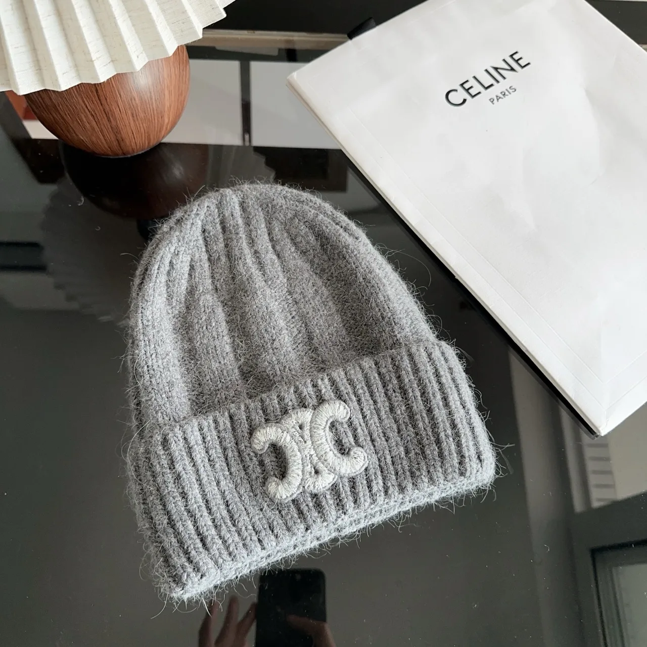 Celine Ribbed Embroidered Beanie in Grey · view 4
