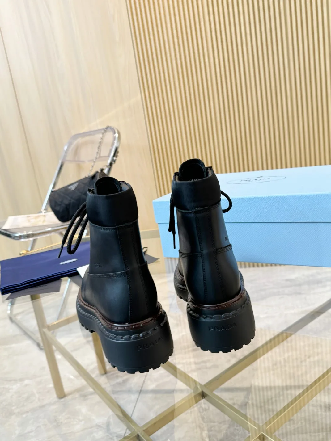 Prada Lace-Up Ankle Boots in Black · view 5