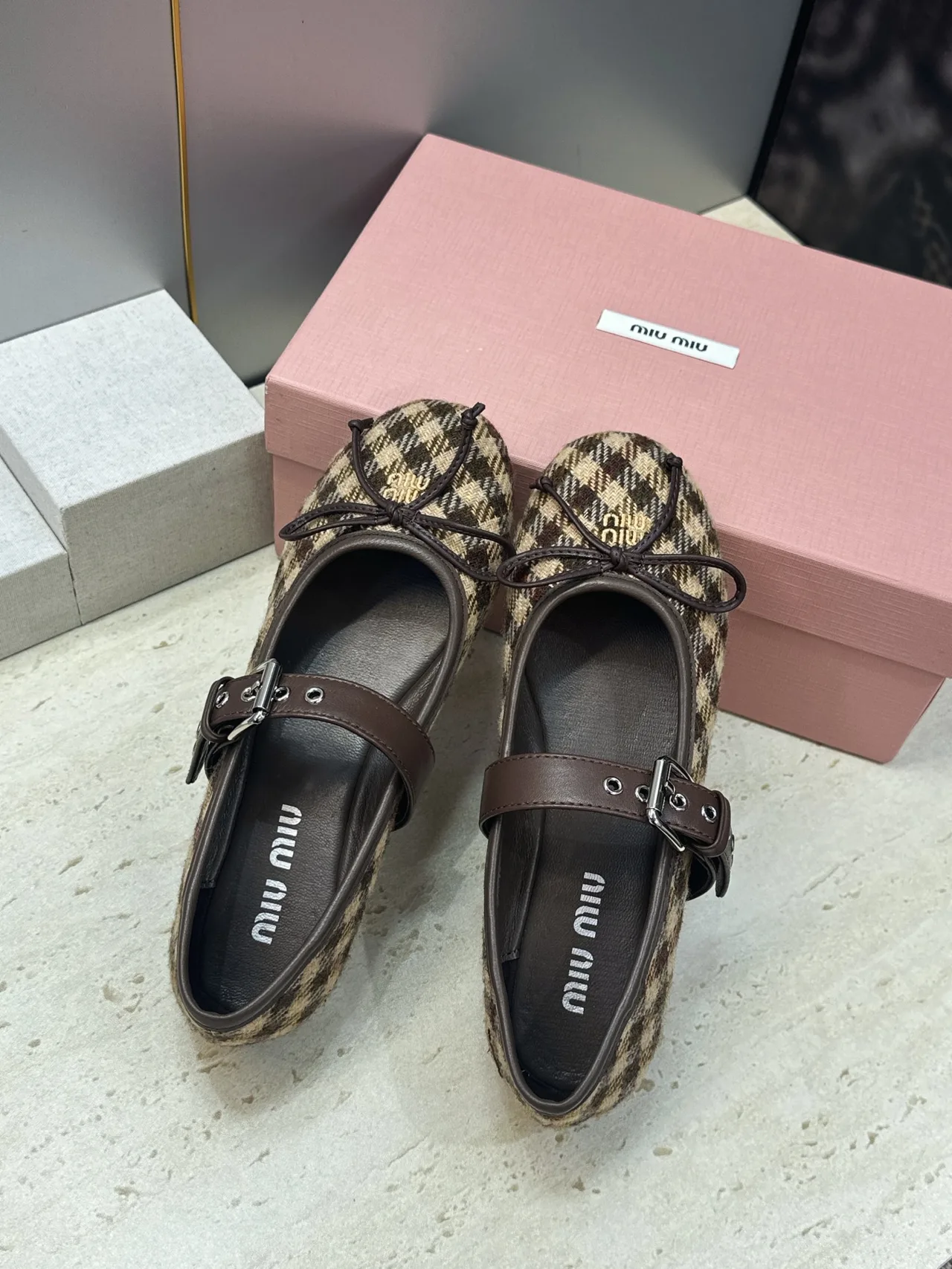 Miu Miu Calfskin Check Round-Toe Mary Jane Flats in Brown · view 4