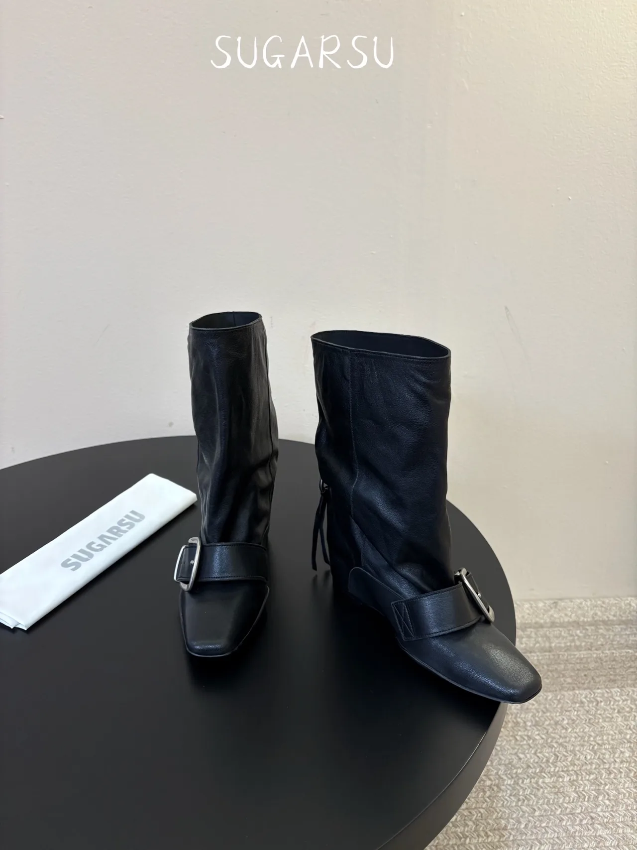 Sugar Su Sheepskin Glossy Square-Toe Boots in Black · view 2