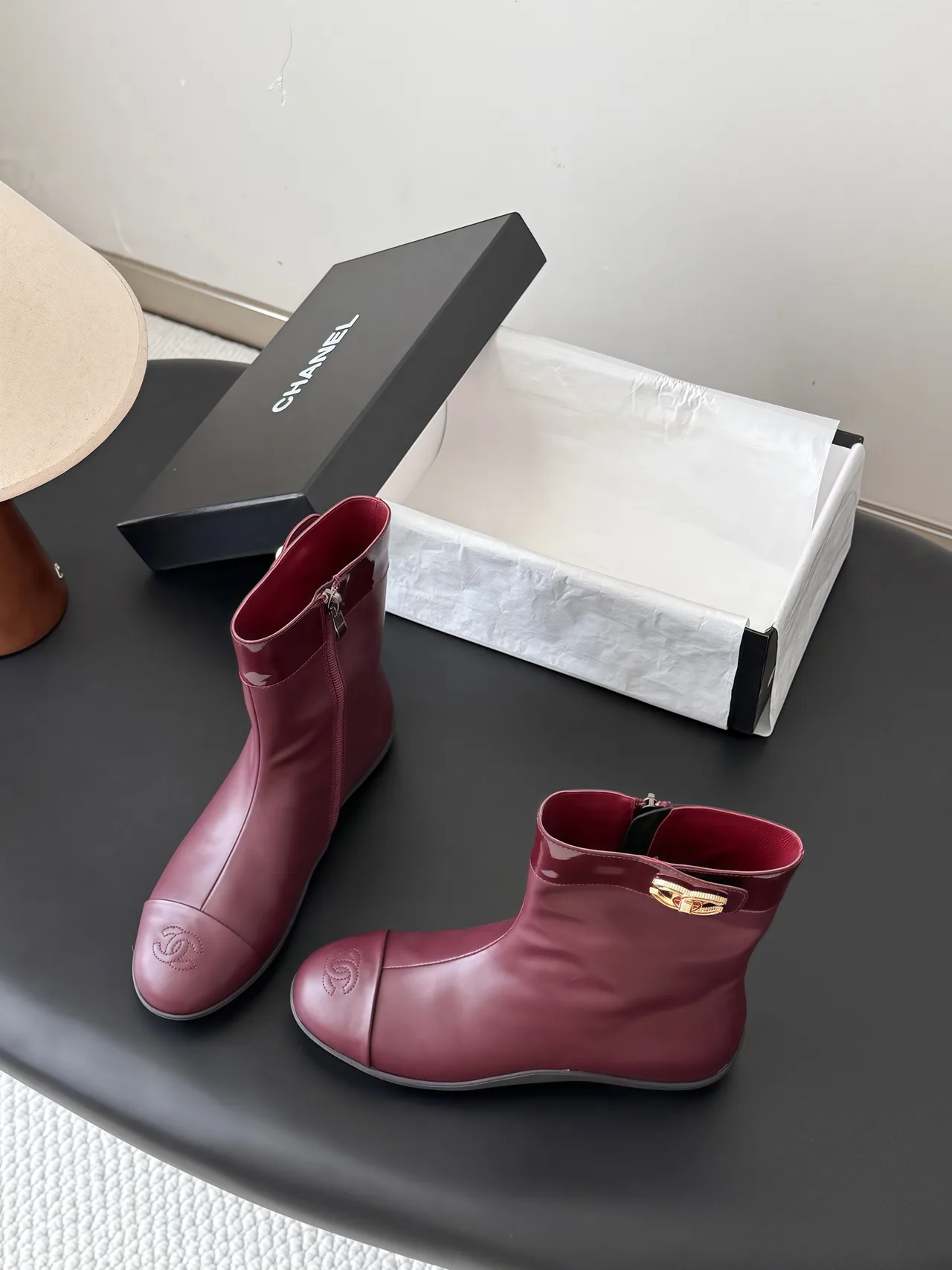 Chanel Cowhide Glossy Pointed-Toe Boots in Burgundy · view 5
