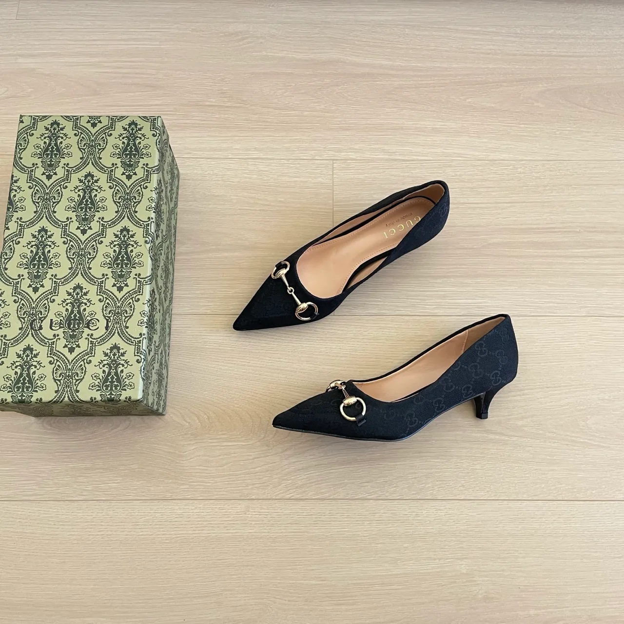Gucci Canvas Pointed-Toe Buckle Horsebit Kitten Heel Pumps in Black · view 3