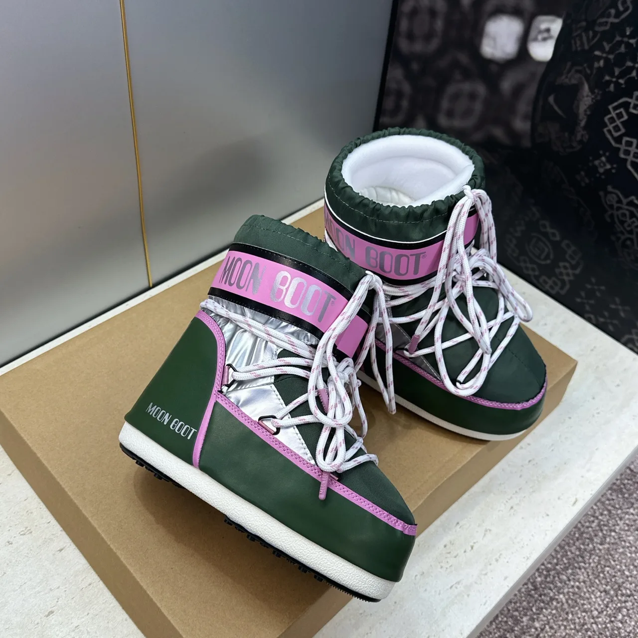 Moon Boot Quilted Striped Lace-Up Snow Boots in Green · view 4