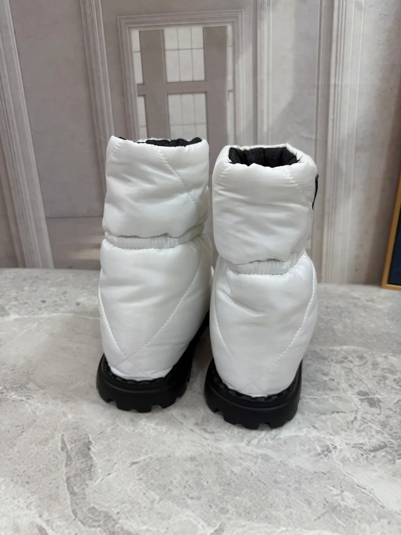Prada Quilted Glossy Puffer Boots in White · view 6