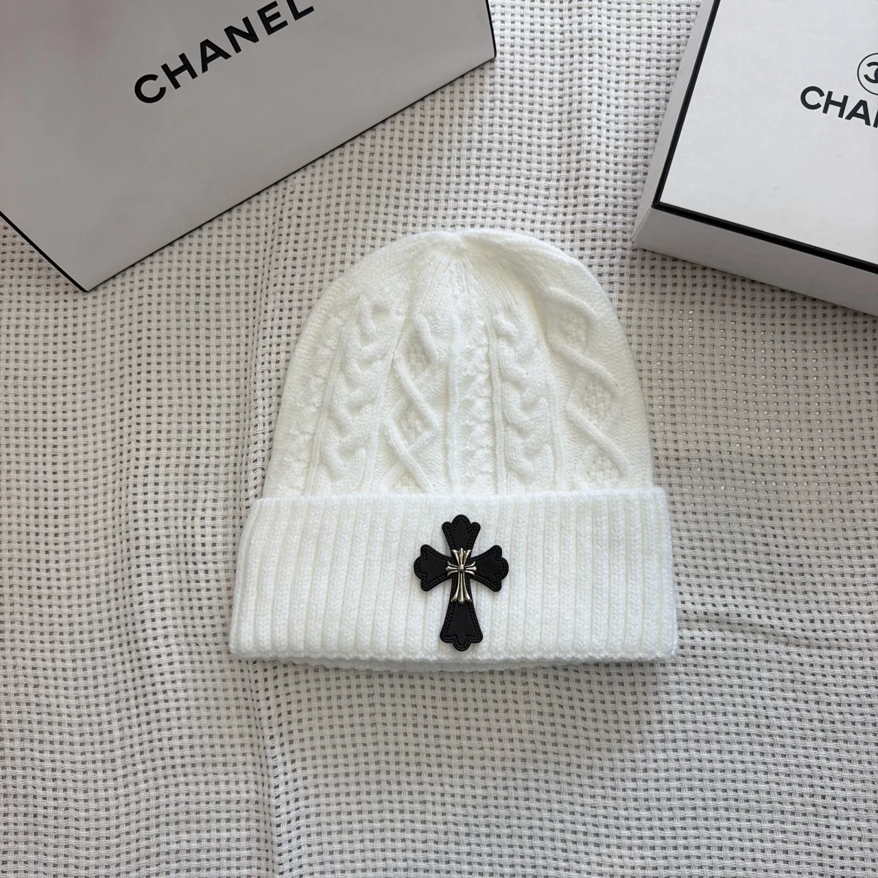 Chrome Hearts Cross-patch knit beanie in Black & White & Cream & Grey & Tan · view 2