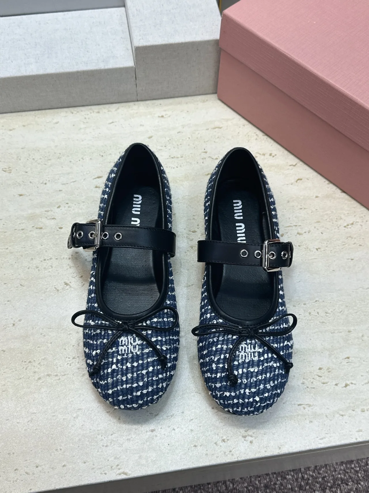 Miu Miu Calfskin Round-Toe Mary Jane Flats in Blue · view 2