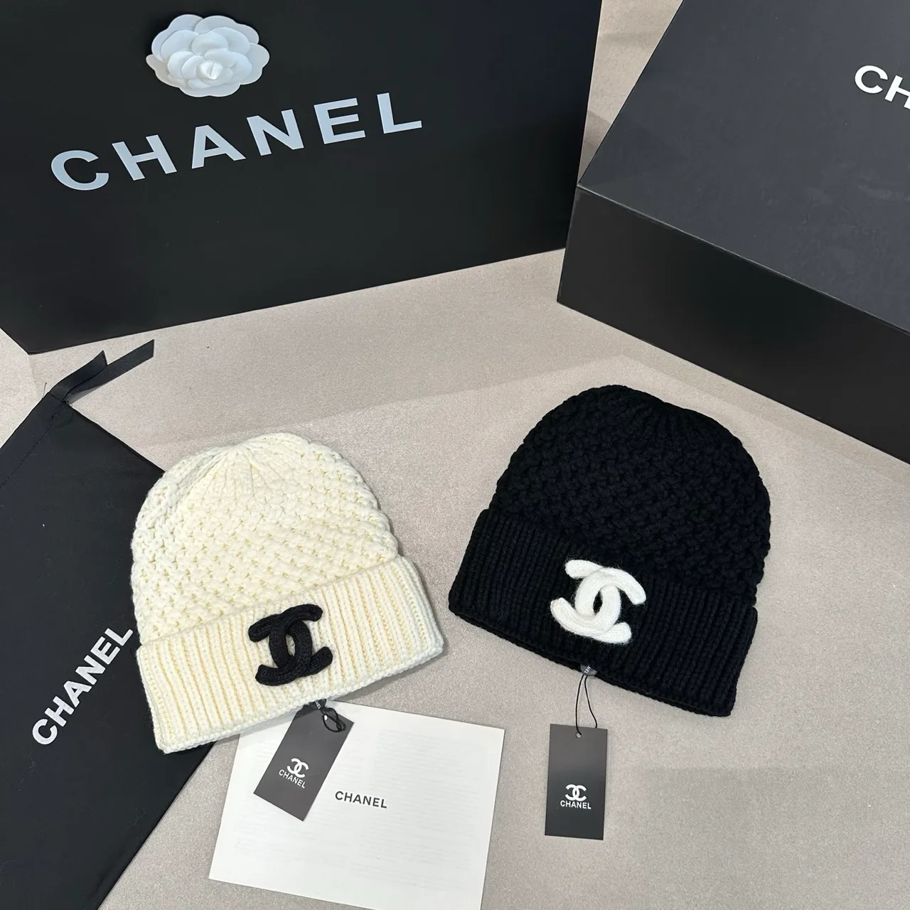 Chanel Knit Beanie in Cream & Black · view 5