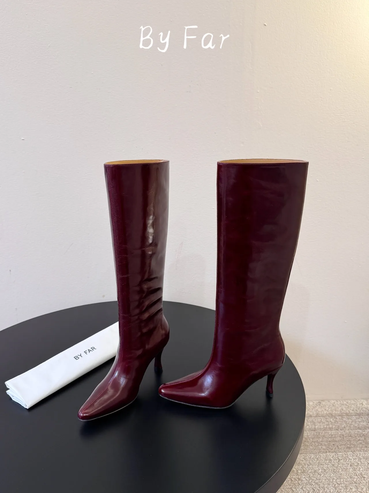 By Far Glossy Pointed-Toe Knee-High Boots in Burgundy · view 3