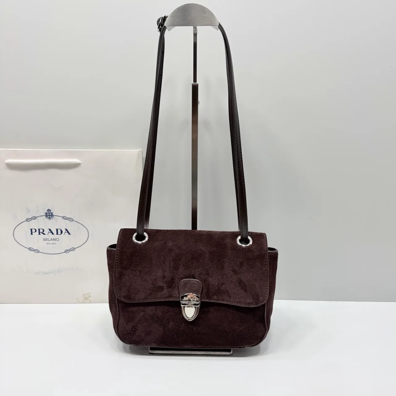 Prada Suede-Look Flap Shoulder Bag in Brown · view 1