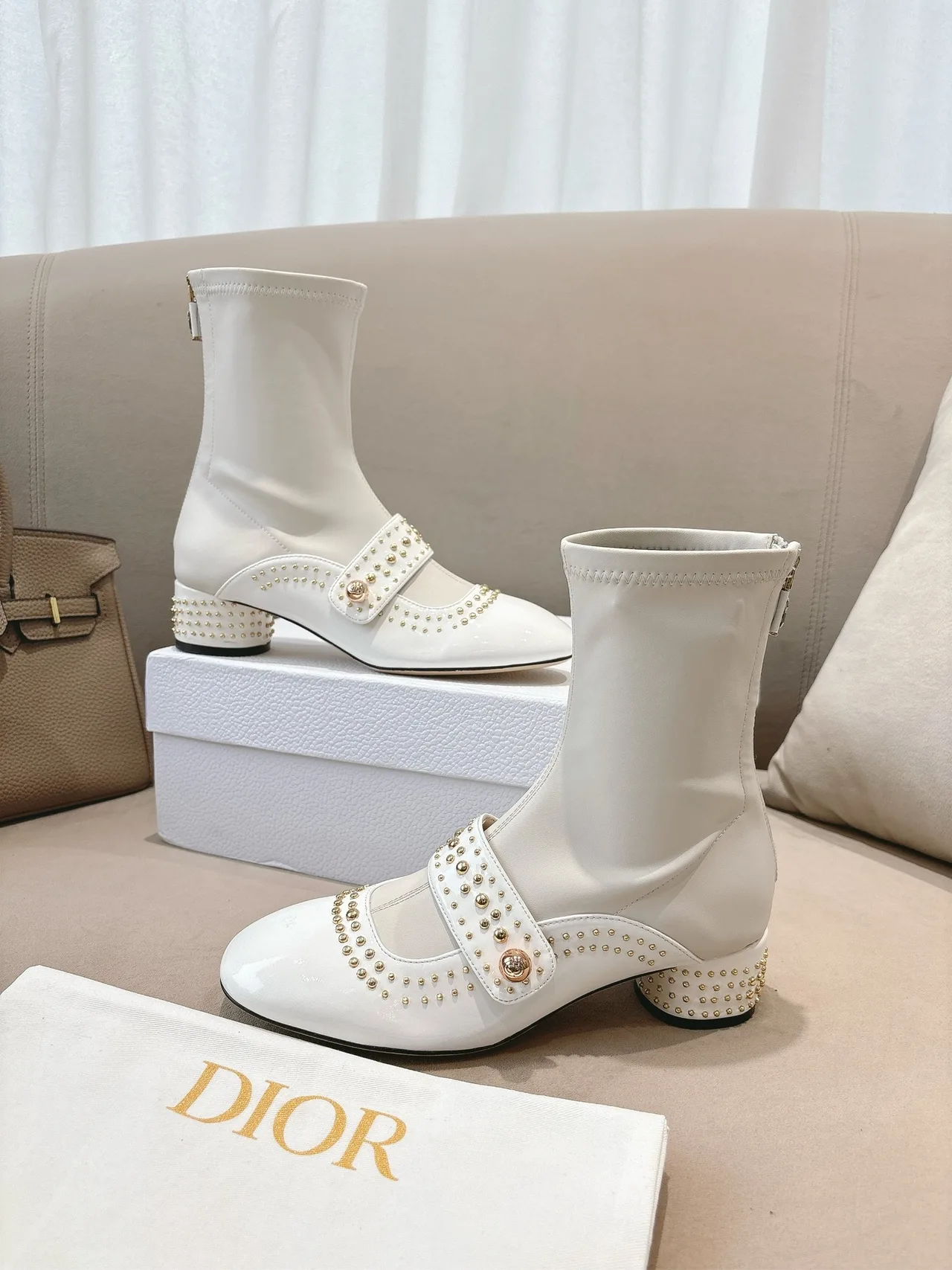 Dior Sheepskin Patent Leather Glossy Studded Ankle Boots in White · view 6