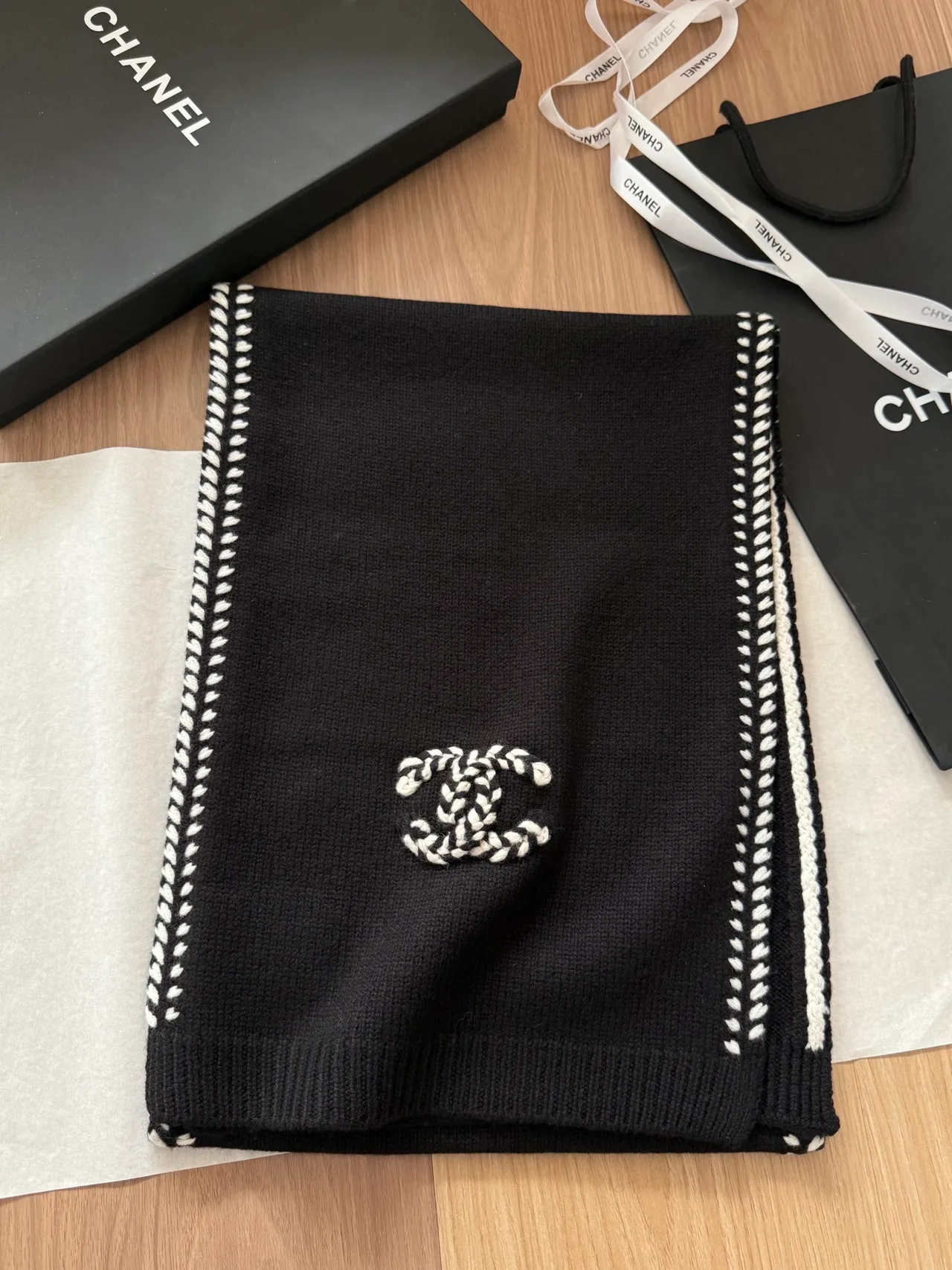 Chanel Contrast-Stitch Fringed Scarf in Black & White · view 1