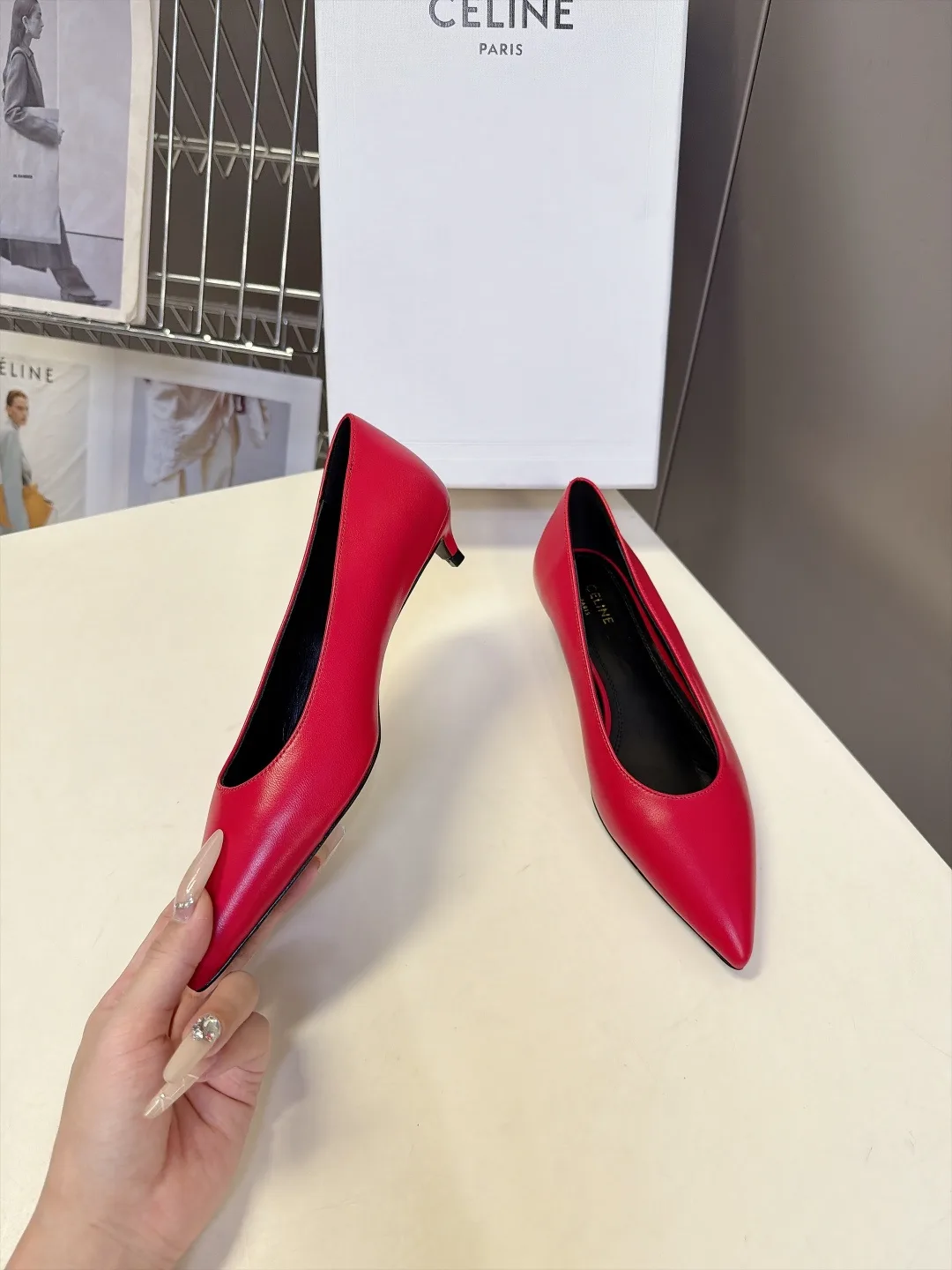 Celine Lambskin Glossy Pointed-Toe Kitten Heel Pumps in Red · view 4