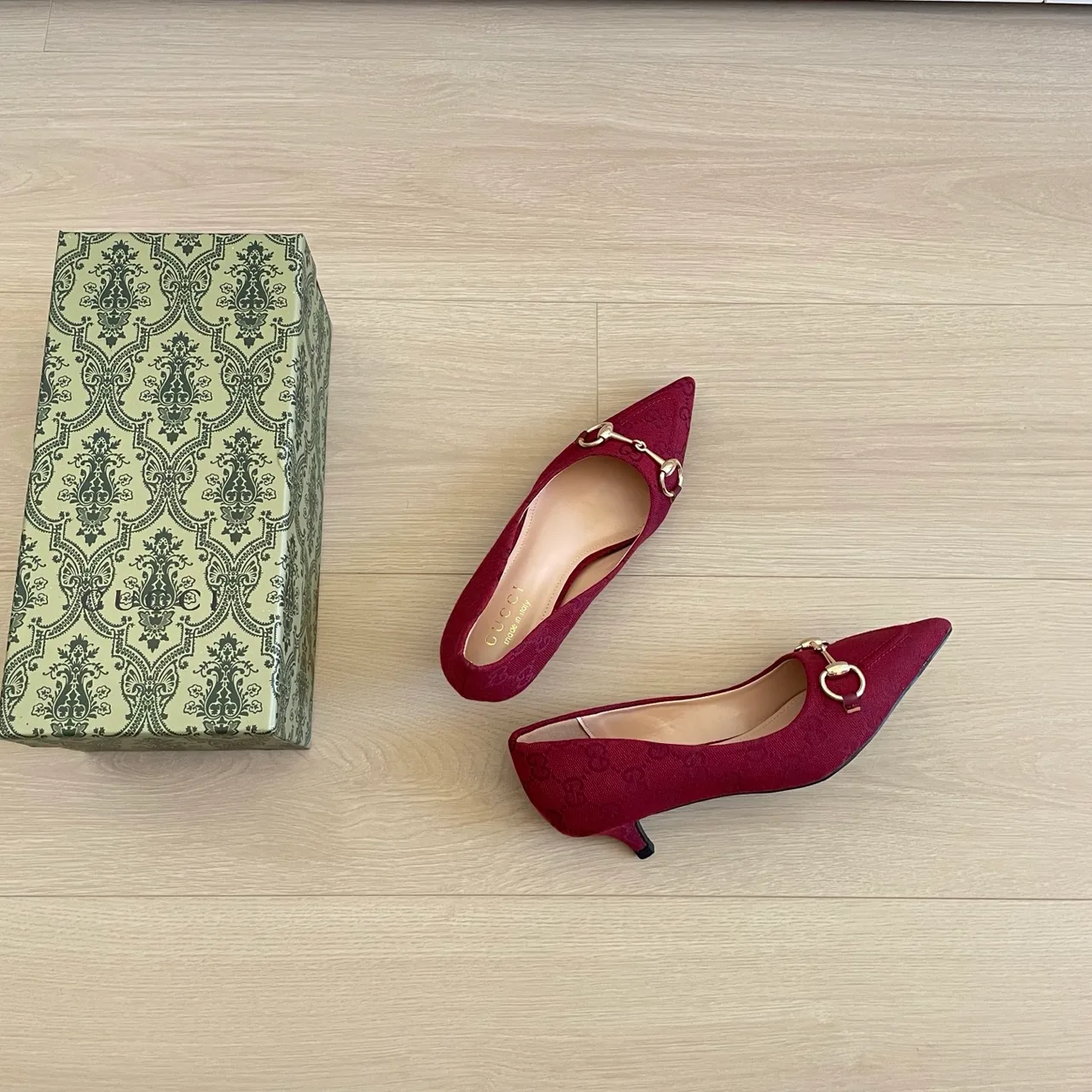 Gucci Canvas Smooth Pointed-Toe Horsebit Kitten Heel Pumps in Burgundy · view 6