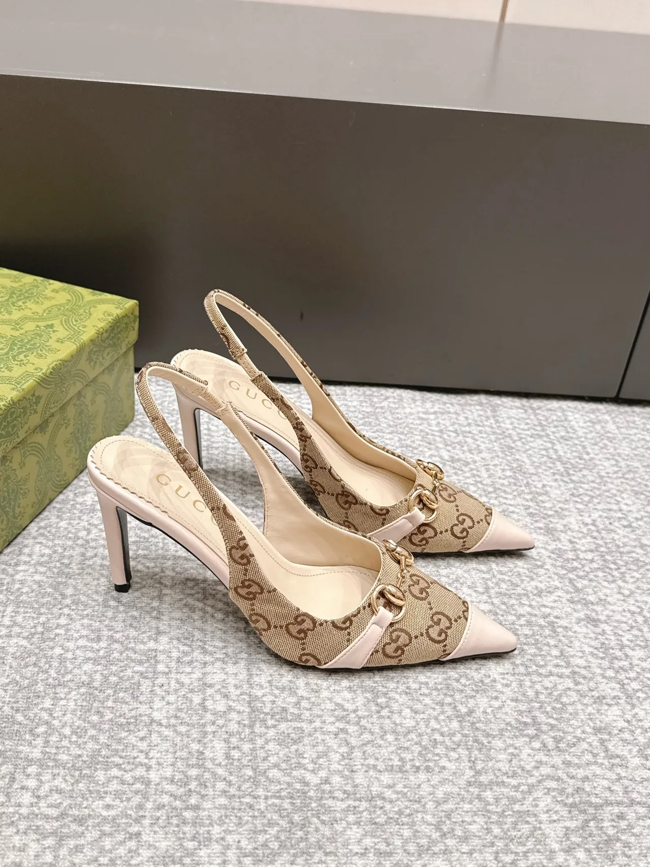 Gucci Glossy Pointed-Toe Monogram Slingback Pumps in Beige · view 3