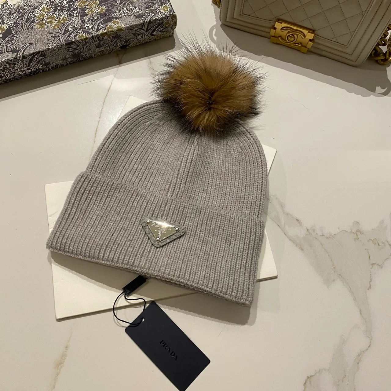 Prada Pom Knit Beanie in Red & Blue & Orange & Yellow & Pink & Brown & Grey & Black & White & Beige · view 6