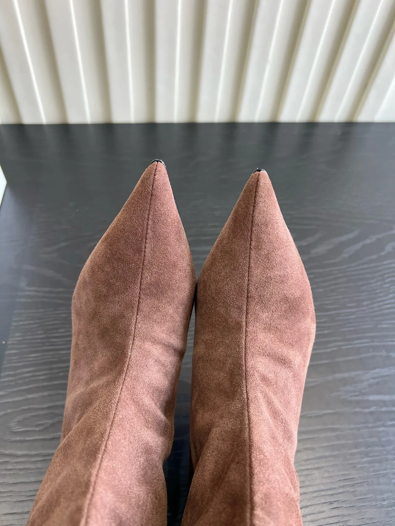 Amina Muaddi Cowhide Glossy Suede-Look Pointed-Toe Pointed Knee-High Boots in Pink · view 6