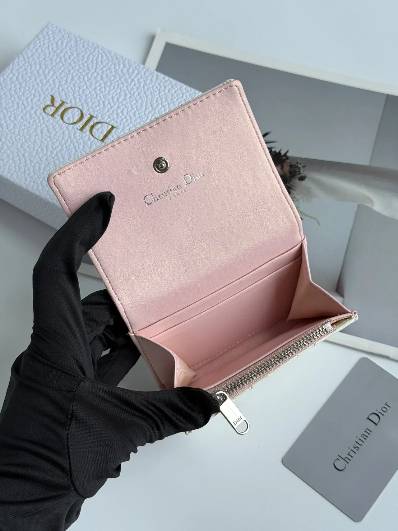 Dior Calfskin Quilted Glossy Wallet in White · view 5