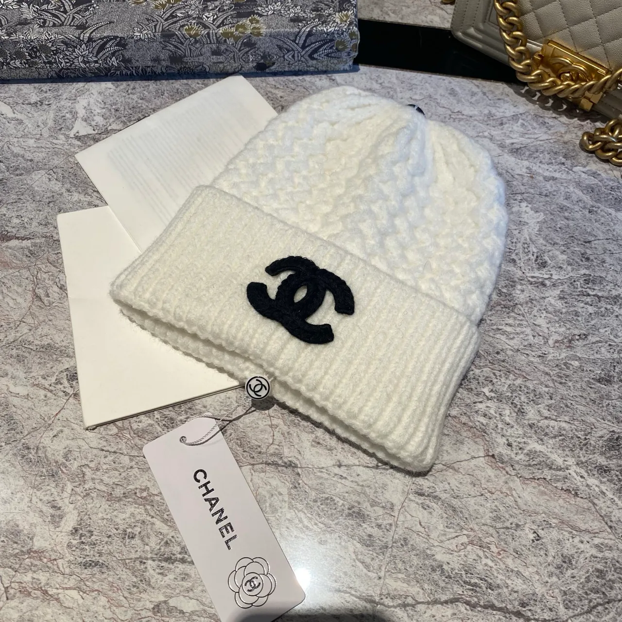 Chanel CC Knit Beanie in Black & White & Beige · view 2