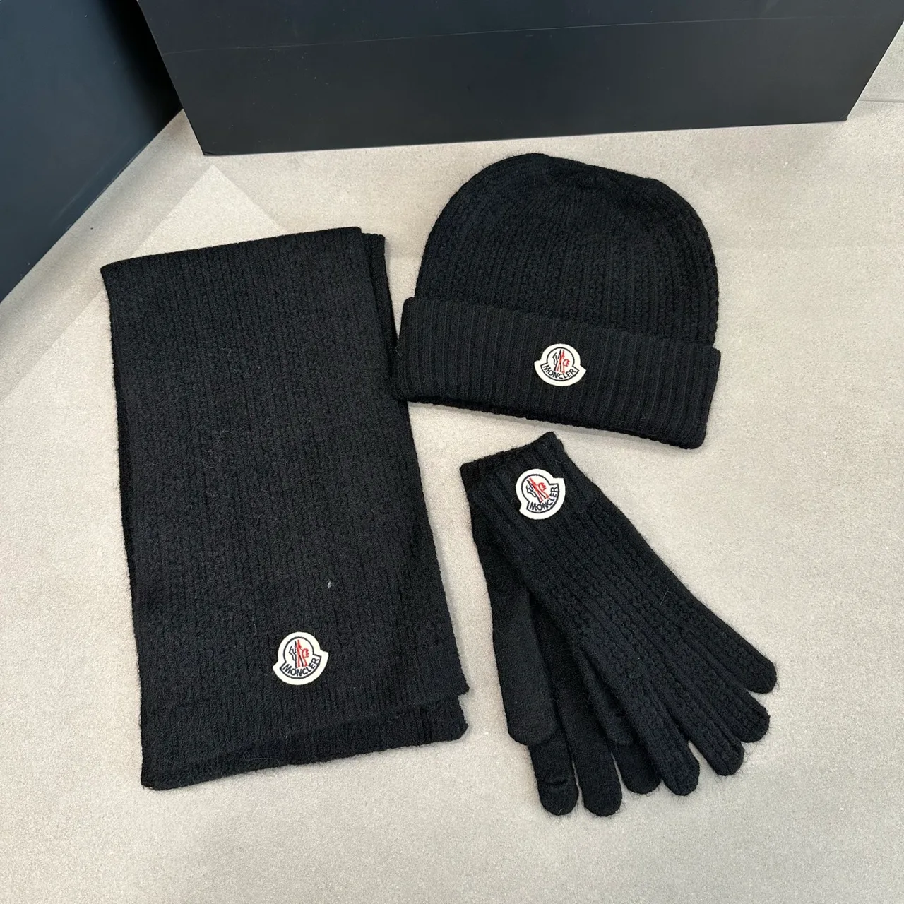 Moncler Hat, Scarf and Gloves Set in Red & Black & White & Grey & Beige · view 2