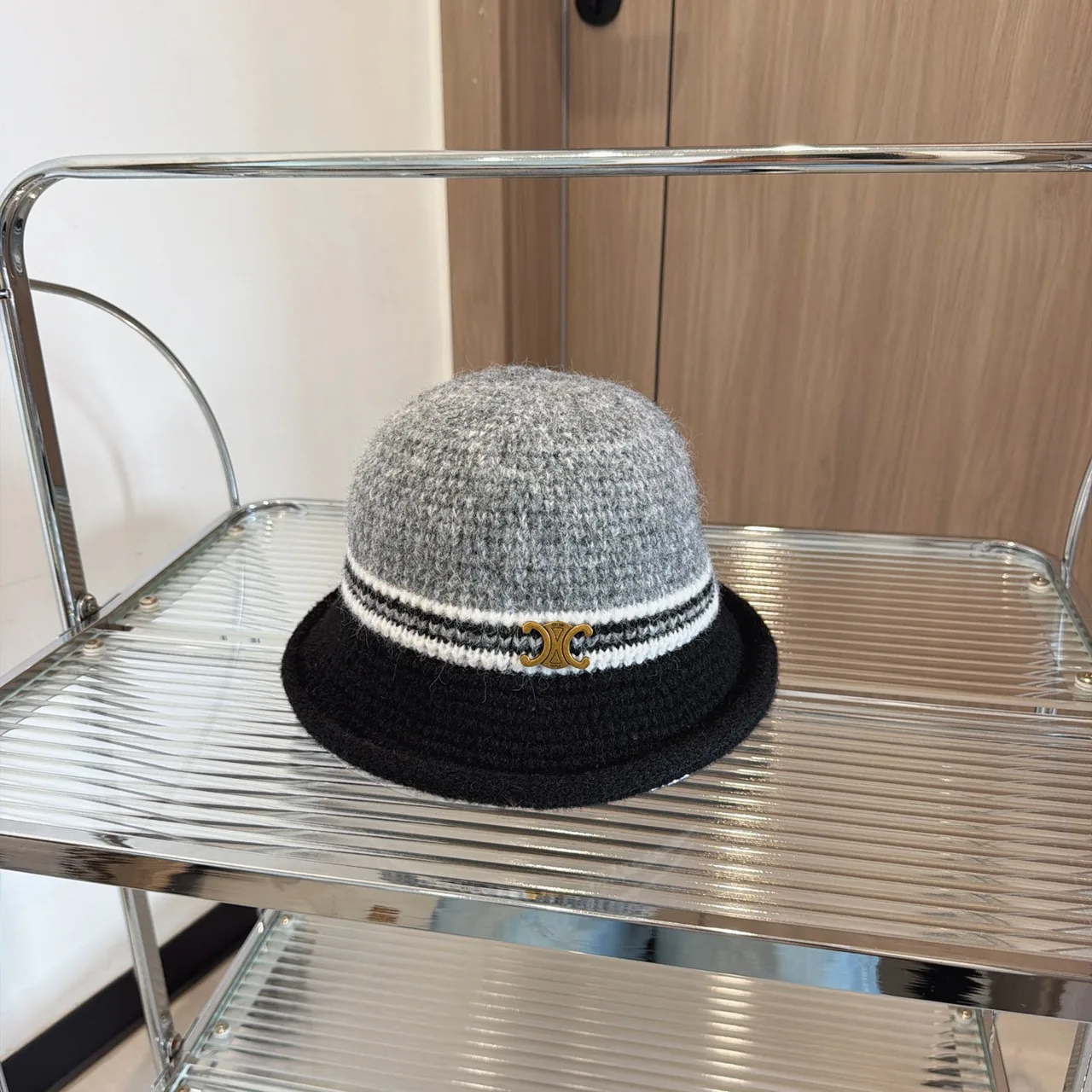 Celine Knit Bucket Hat in Grey & Tan & Cream · view 1