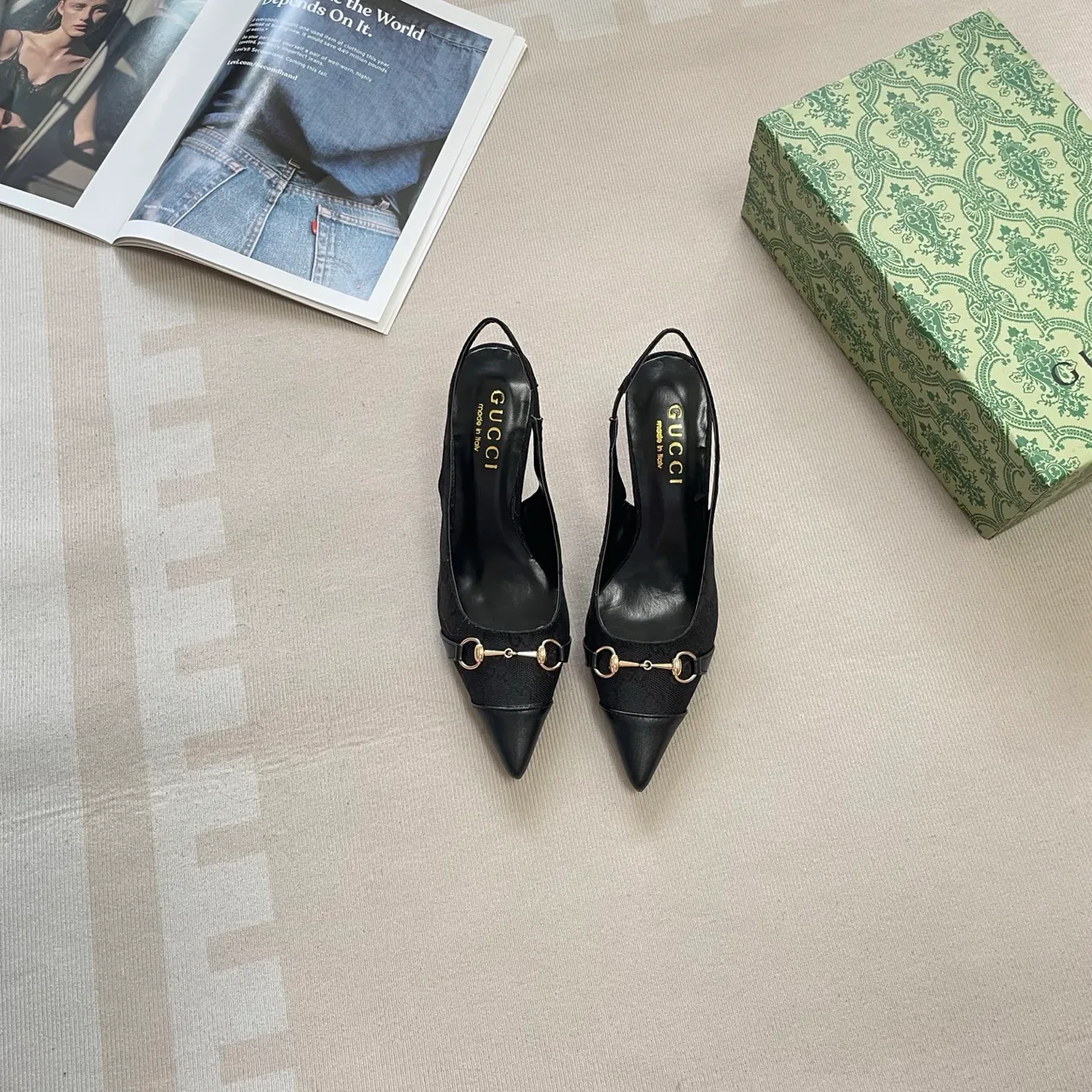 Gucci Horsebit Slingback Pumps in Black / White / Blue / Beige · view 1