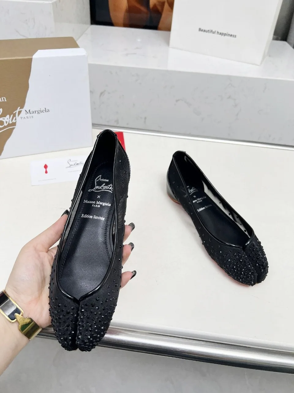 Christian Louboutin Sheepskin Glossy Pointed-Toe Split Toe Flats in Black · view 6