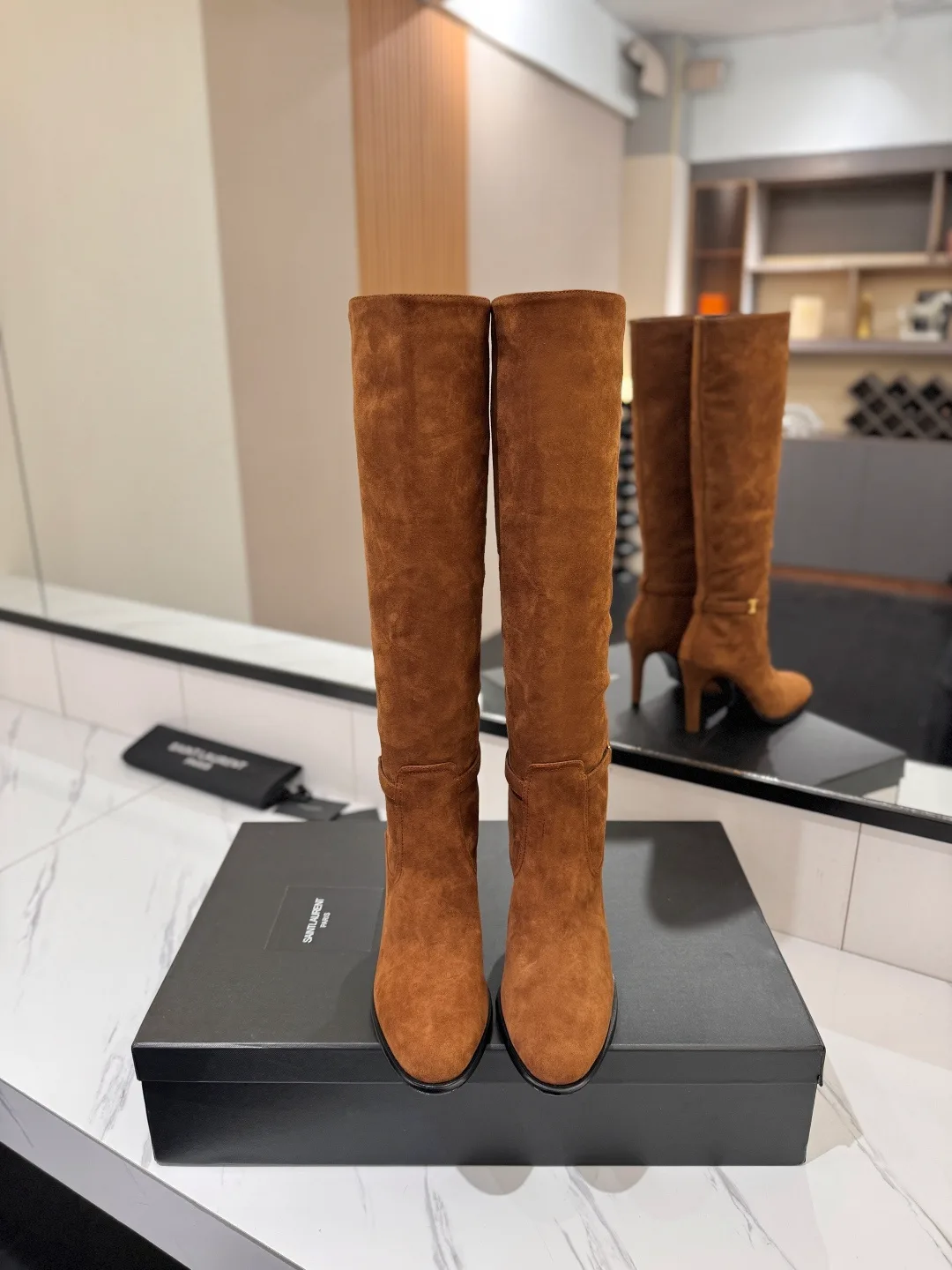 Saint Laurent Cowhide Sheepskin Glossy Suede-Look Buckle Knee-High Boots in Brown · view 3