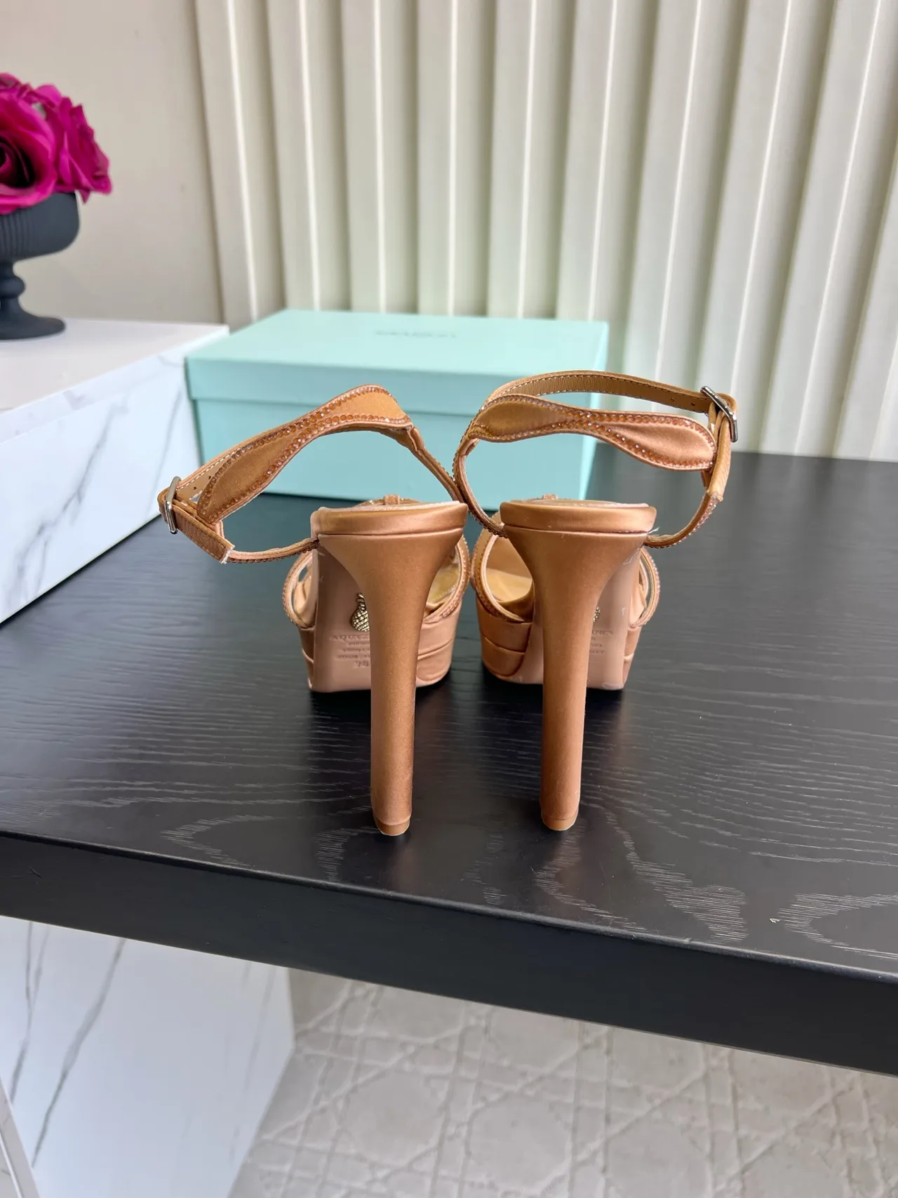 Aquazzura Silk Glossy Buckle Sandals in Tan · view 5