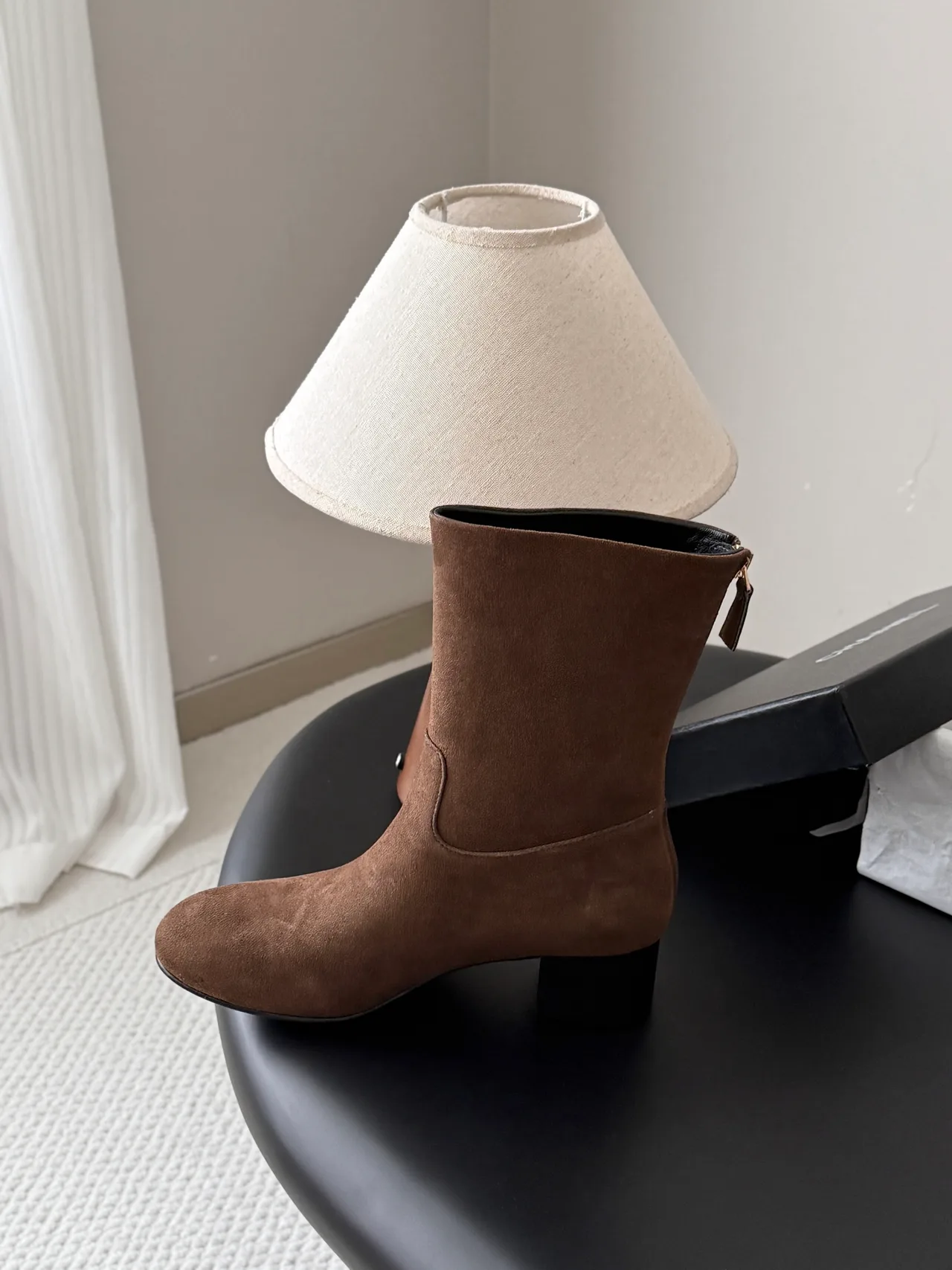 Chanel Sheepskin Glossy Suede-Look Round-Toe Ankle Boots in Brown · view 6