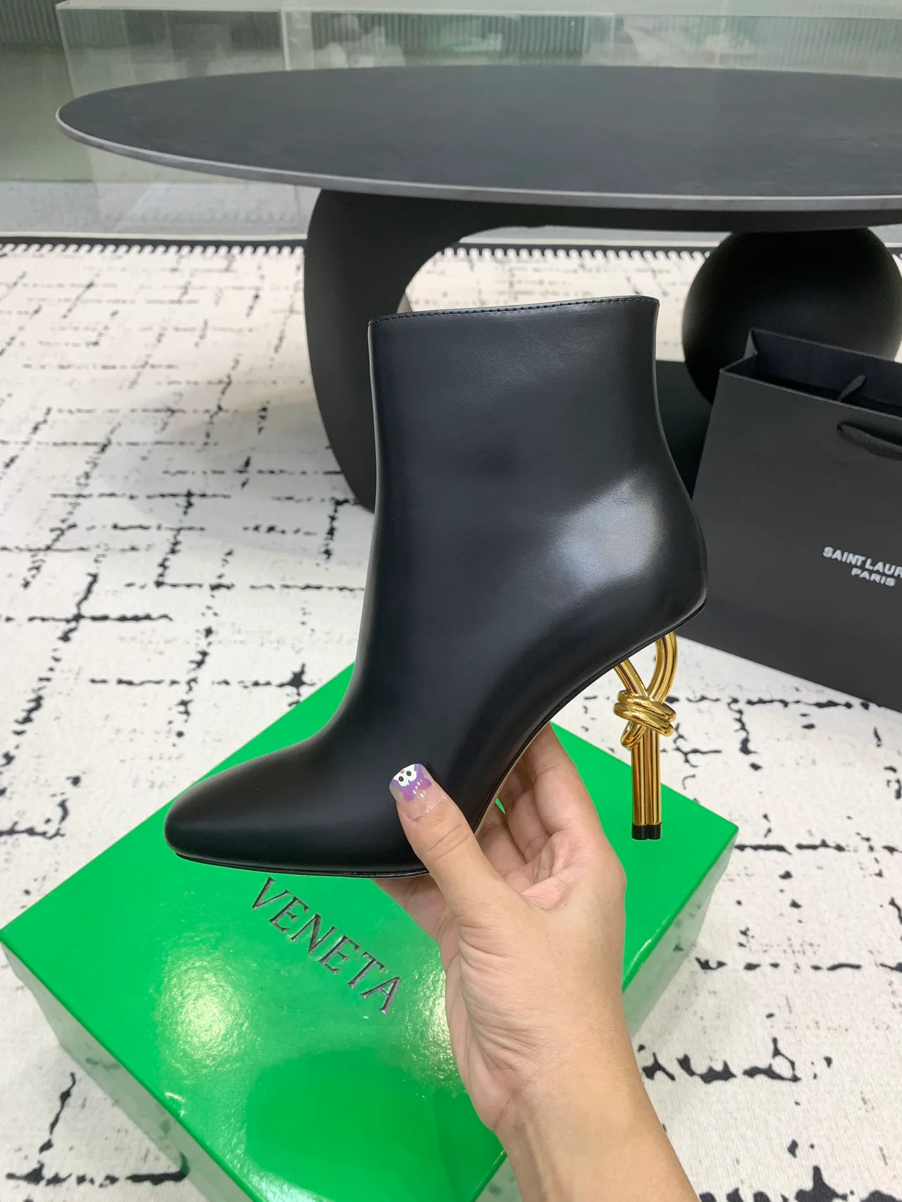 Calfskin Smooth Pointed-Toe Knot-Heel Ankle Boots in Black · view 6