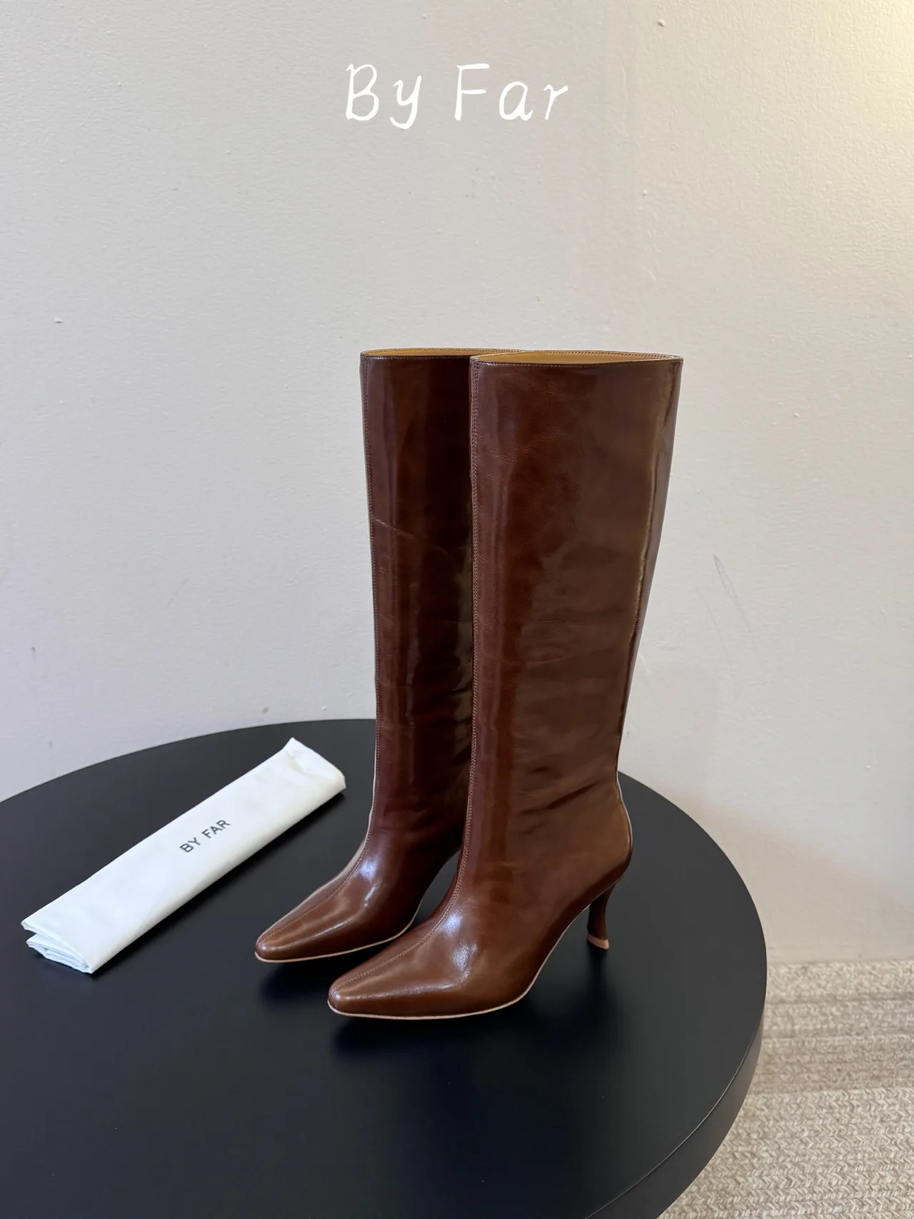 By Far Glossy Pointed-Toe Knee-High Boots in Brown · view 5
