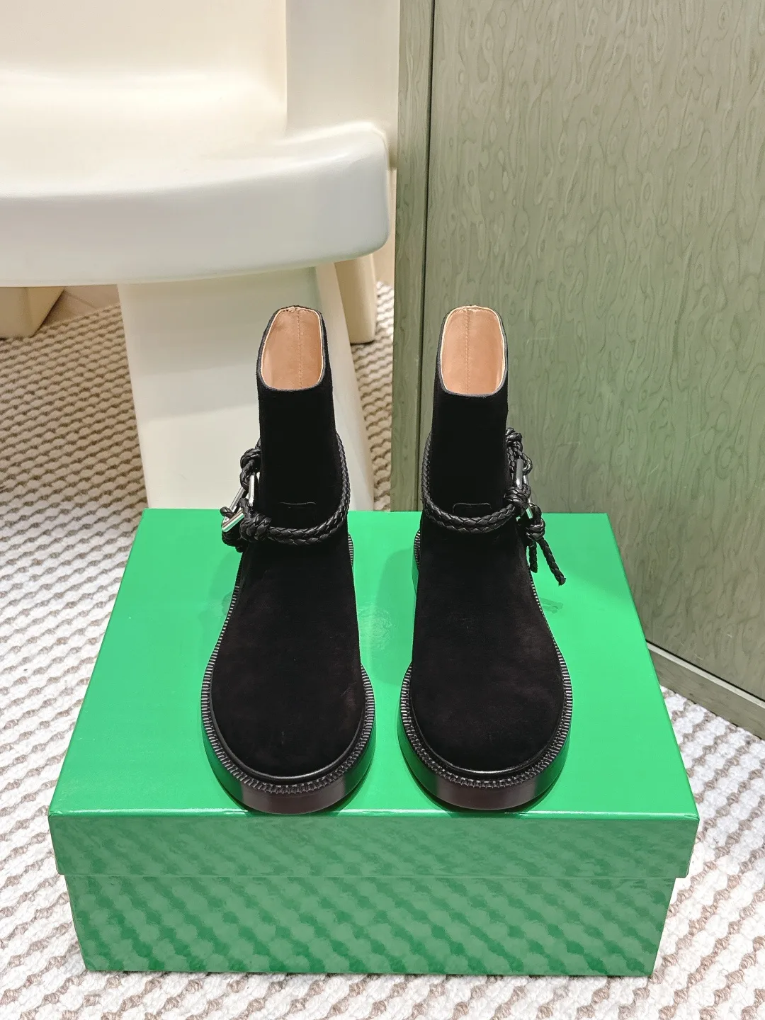 Bottega Veneta Calfskin Woven Glossy Ankle Boots in Black · view 1