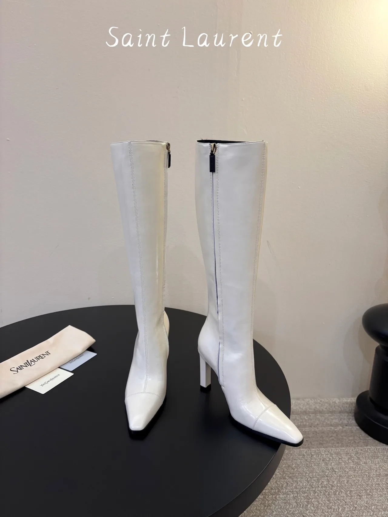 Saint Laurent Cowhide Sheepskin Knee-High Boots in White · view 2