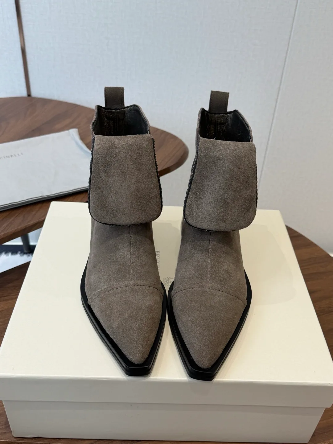 Brunello Cucinelli Glossy Suede-Look Pointed-Toe Ankle Boots in Grey · view 2